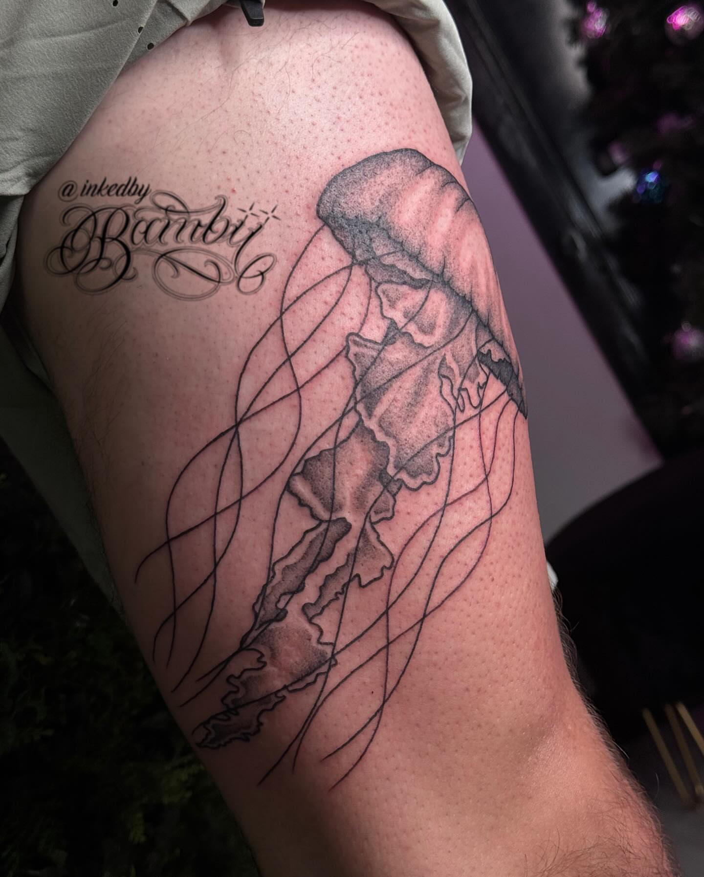 Jellyfish dotwork tattoo on the thigh by Ember