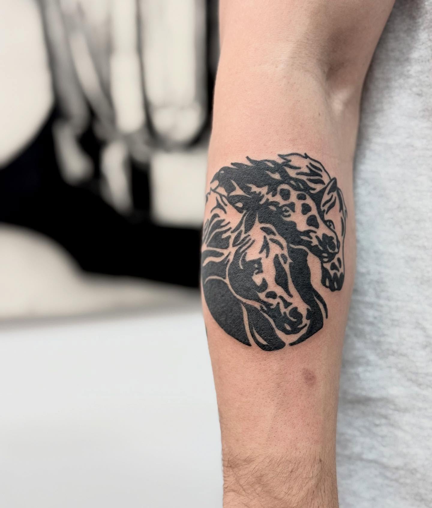 Horse black and grey tattoo on the forearm by Han shinko, Portland, Oregon