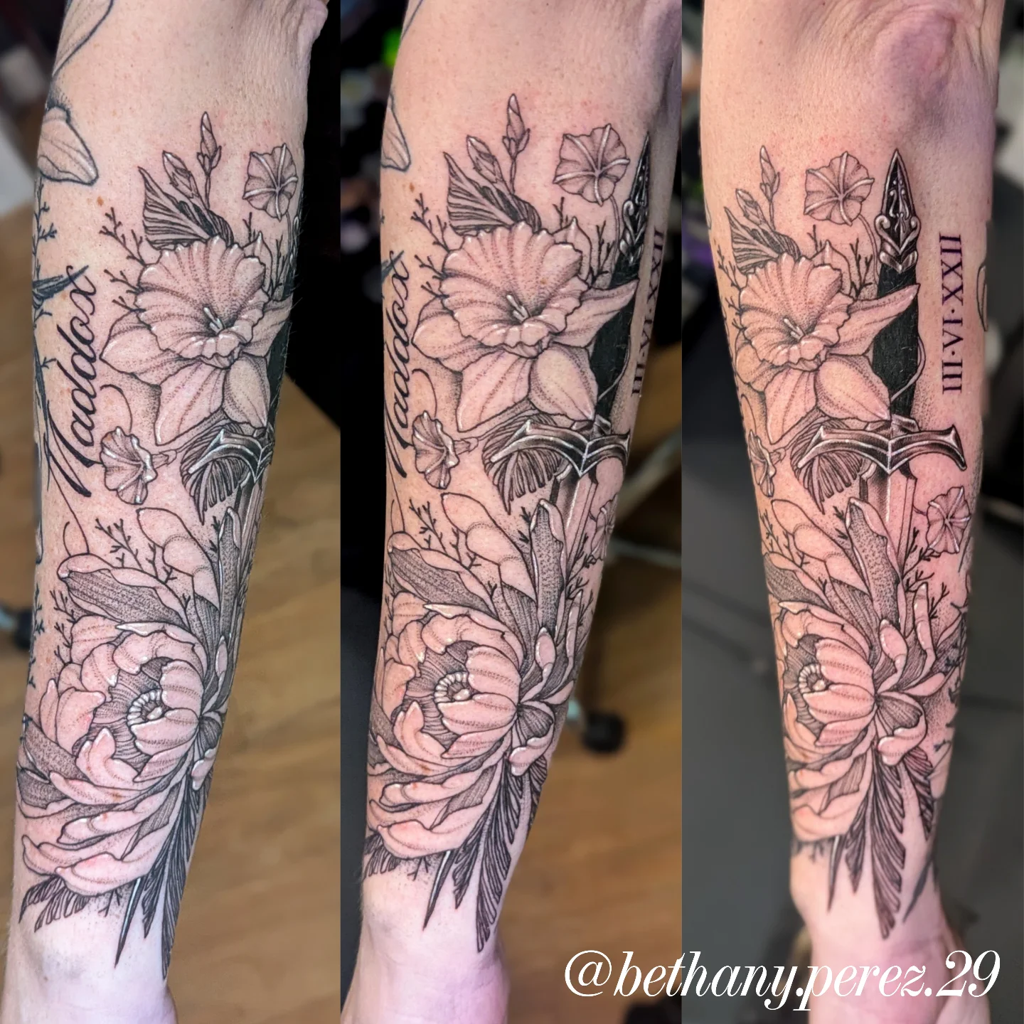 Floral bouquet realism tattoo on the forearm by Bethany Jane Tattoos