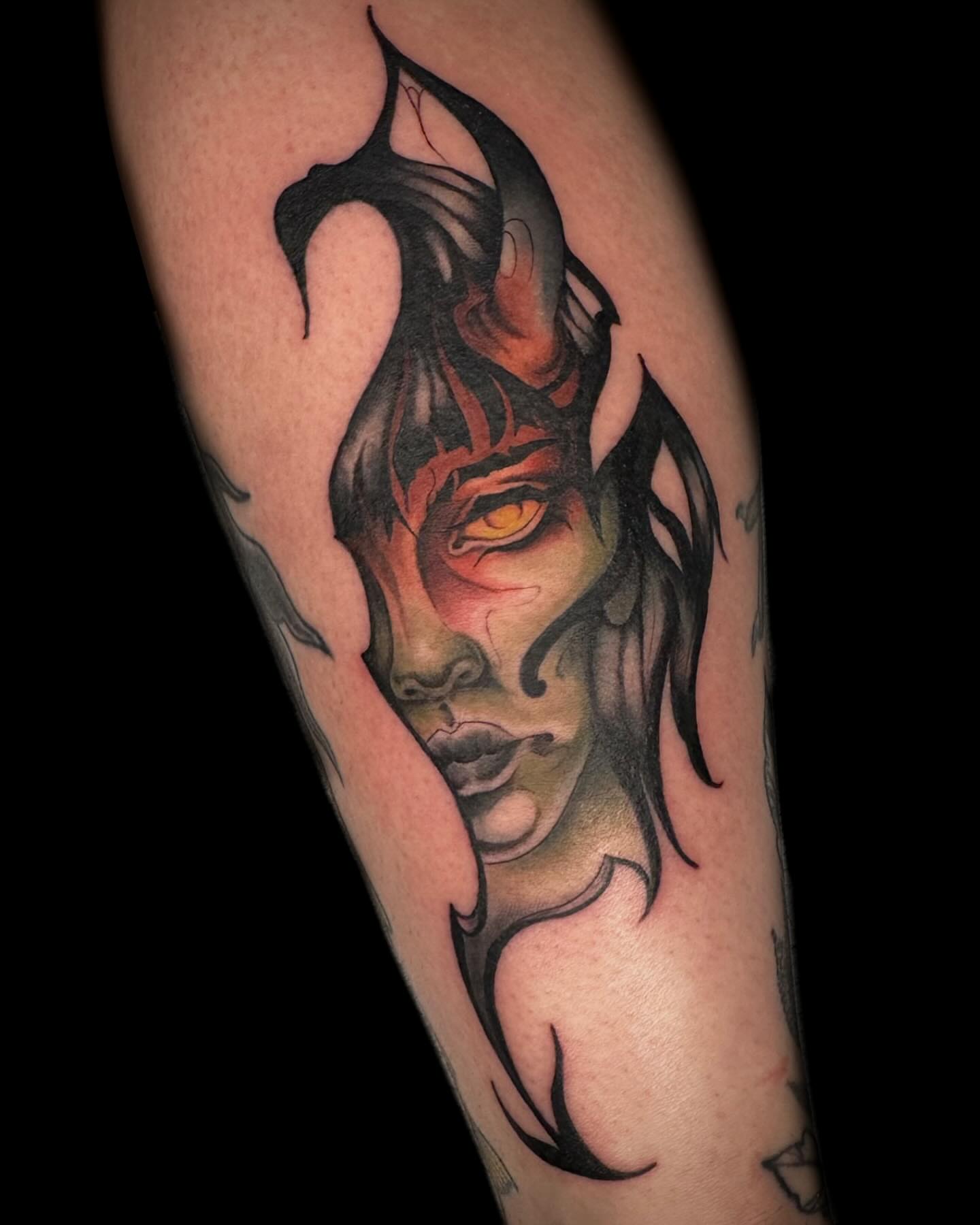 Demon face dark realism tattoo on the forearm by ✨Jen Lochbihler✨, Dickson, Tennessee