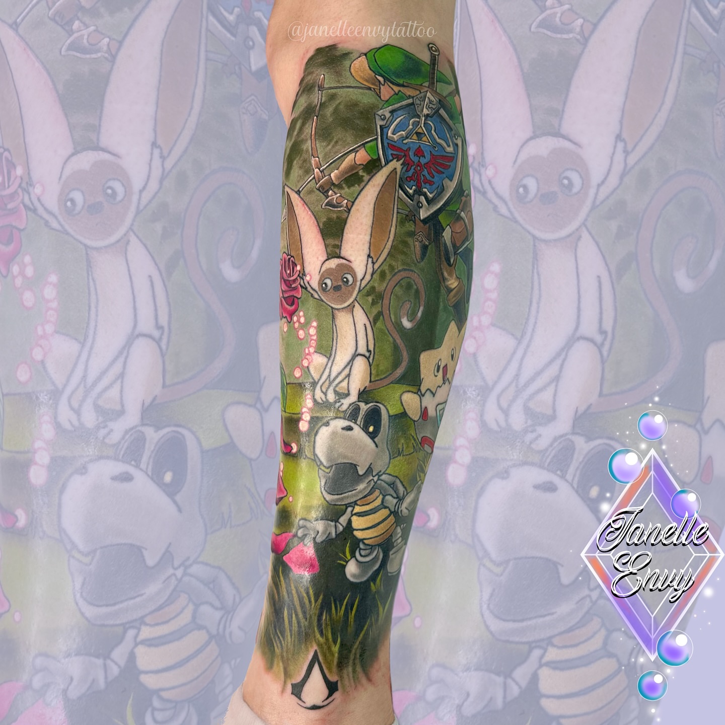 Tattoo by @janelleenvytattoo — dotwork, anime