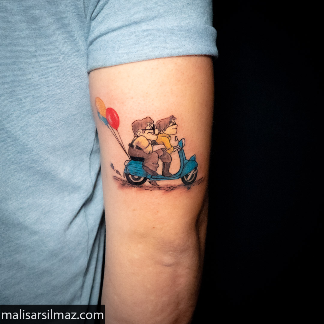 Couple on scooter dotwork tattoo on the forearm by Mali Sarsılmaz, Nicosia, Cyprus