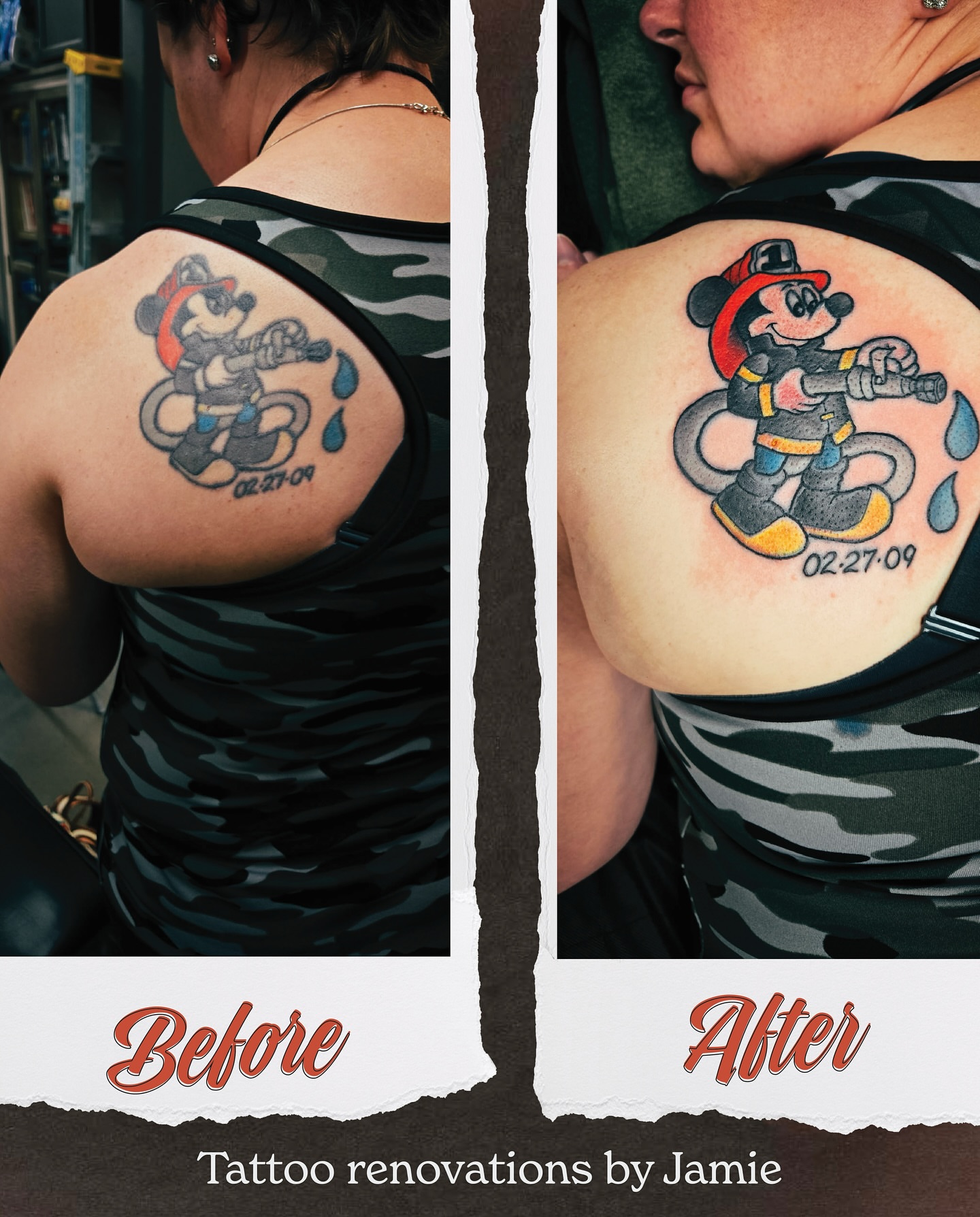 Mickey mouse firefighter new school tattoo on the back by Jamie Clinton