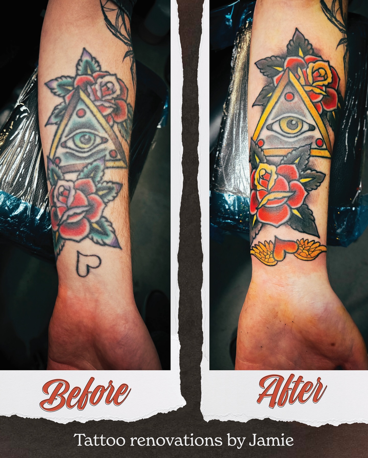 Eye and roses American traditional tattoo on the forearm by Jamie Clinton
