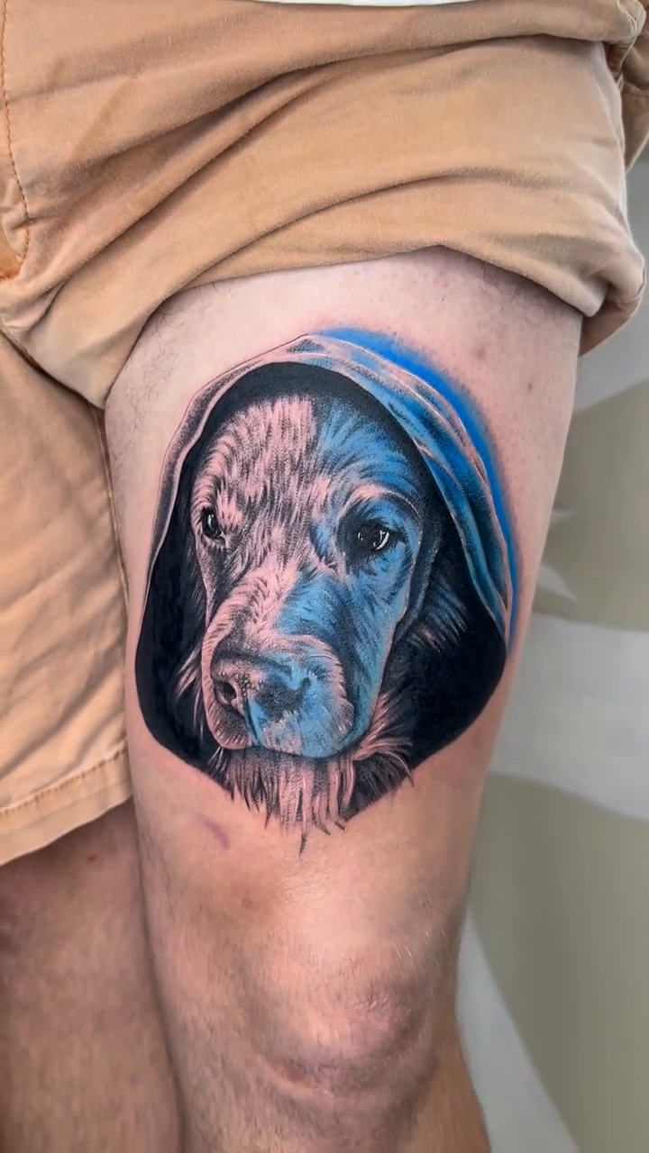 Dog portrait realism tattoo by Mystikal Blue Casares