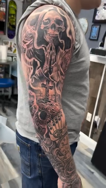 Grim reaper and praying hands dark realism tattoo by Steve Bishov