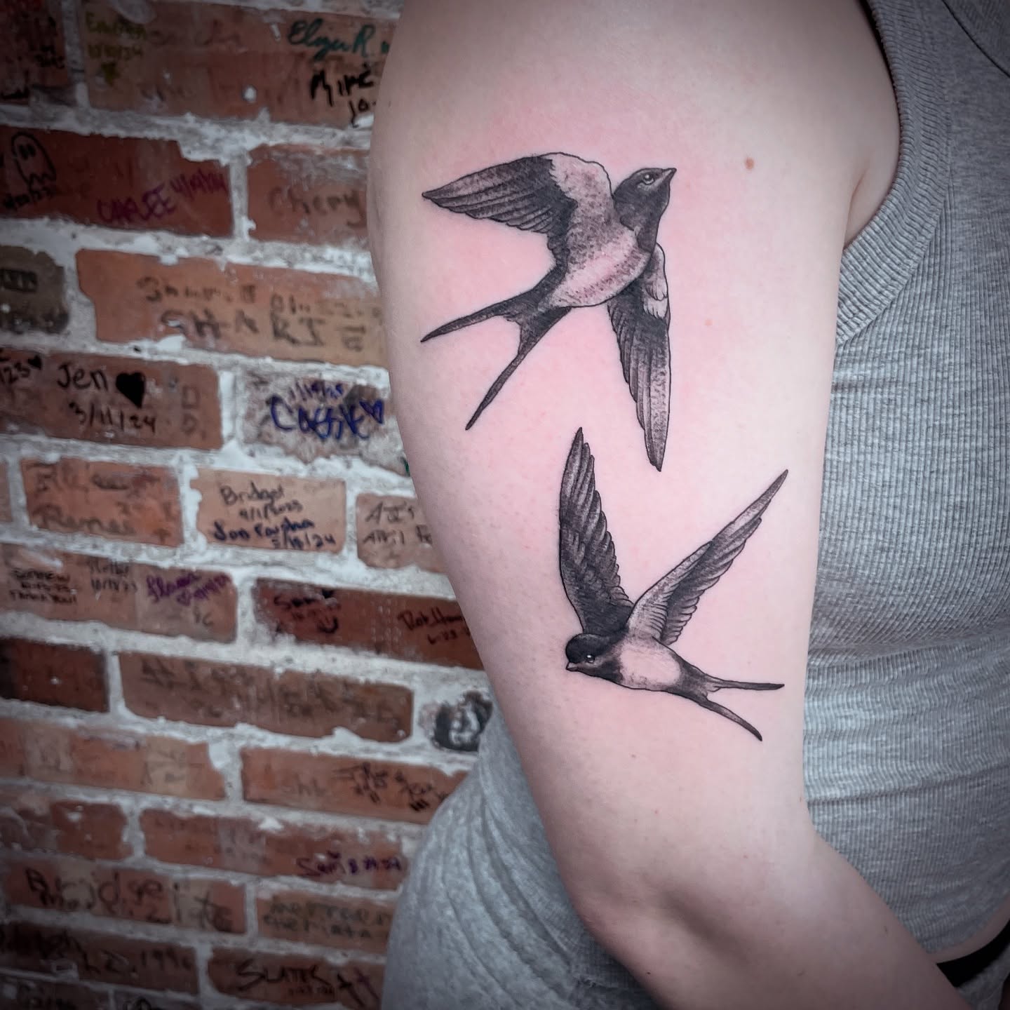 Swallows black and grey tattoo on the forearm by Will McCoy (Tattooist), Murray, Utah