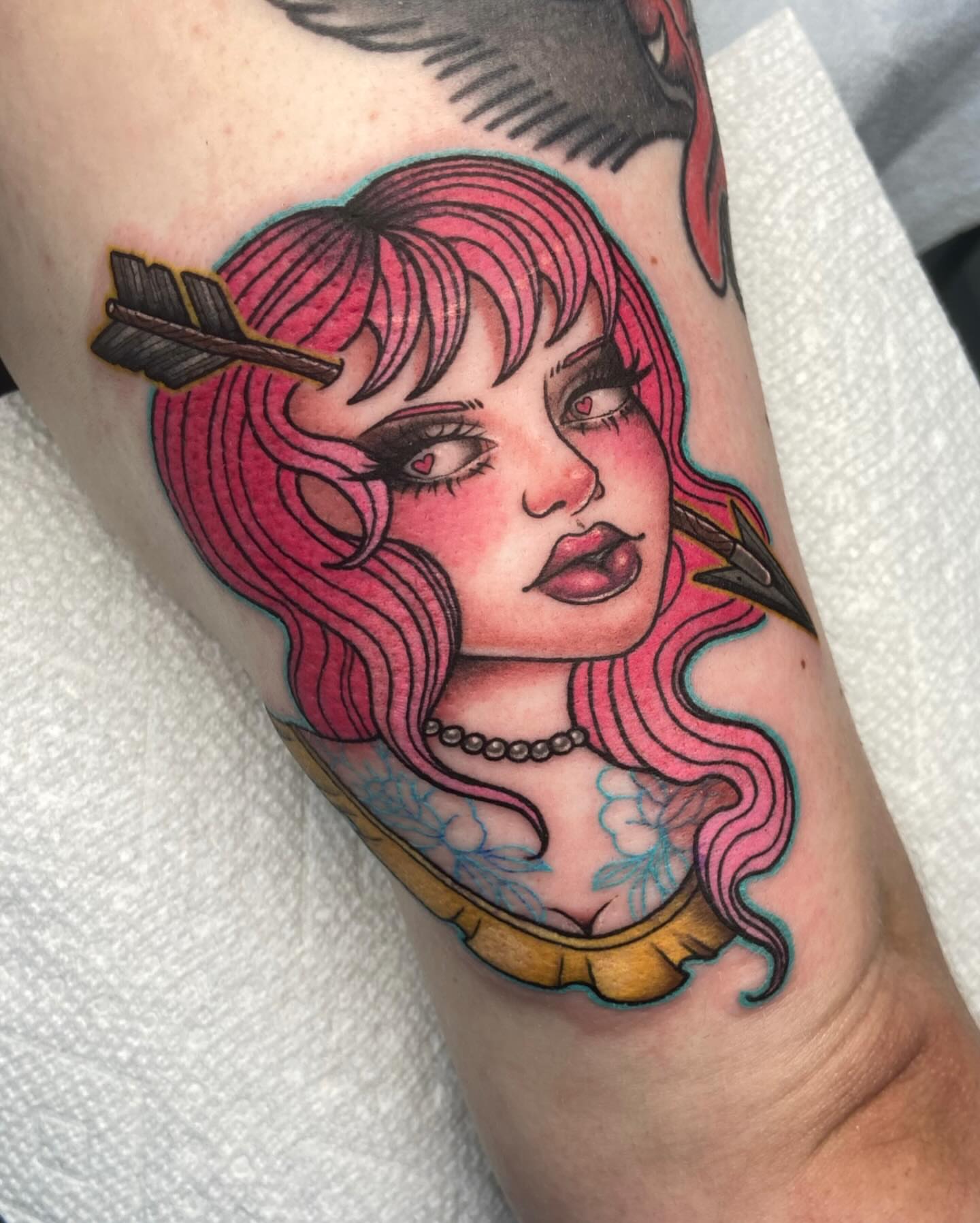 Woman with arrow through eye American traditional tattoo on the forearm by ππππππ
