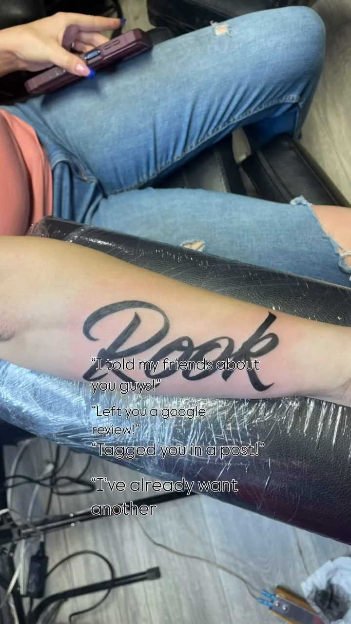 Rook lettering lettering script tattoo by Vanessa - Dallas Artist