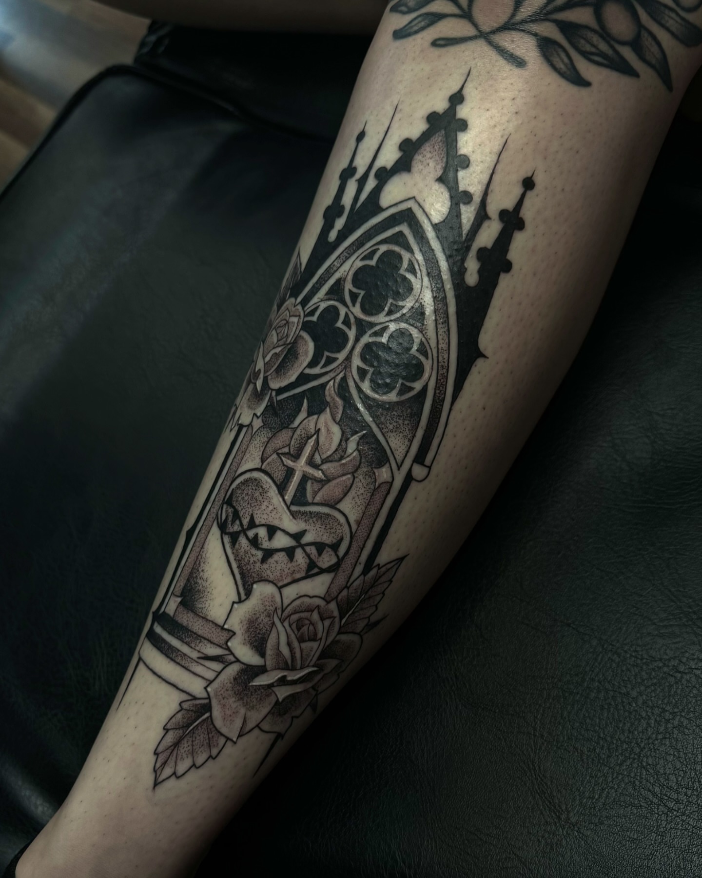 Gothic window black and grey tattoo on the forearm by Mags🗡️