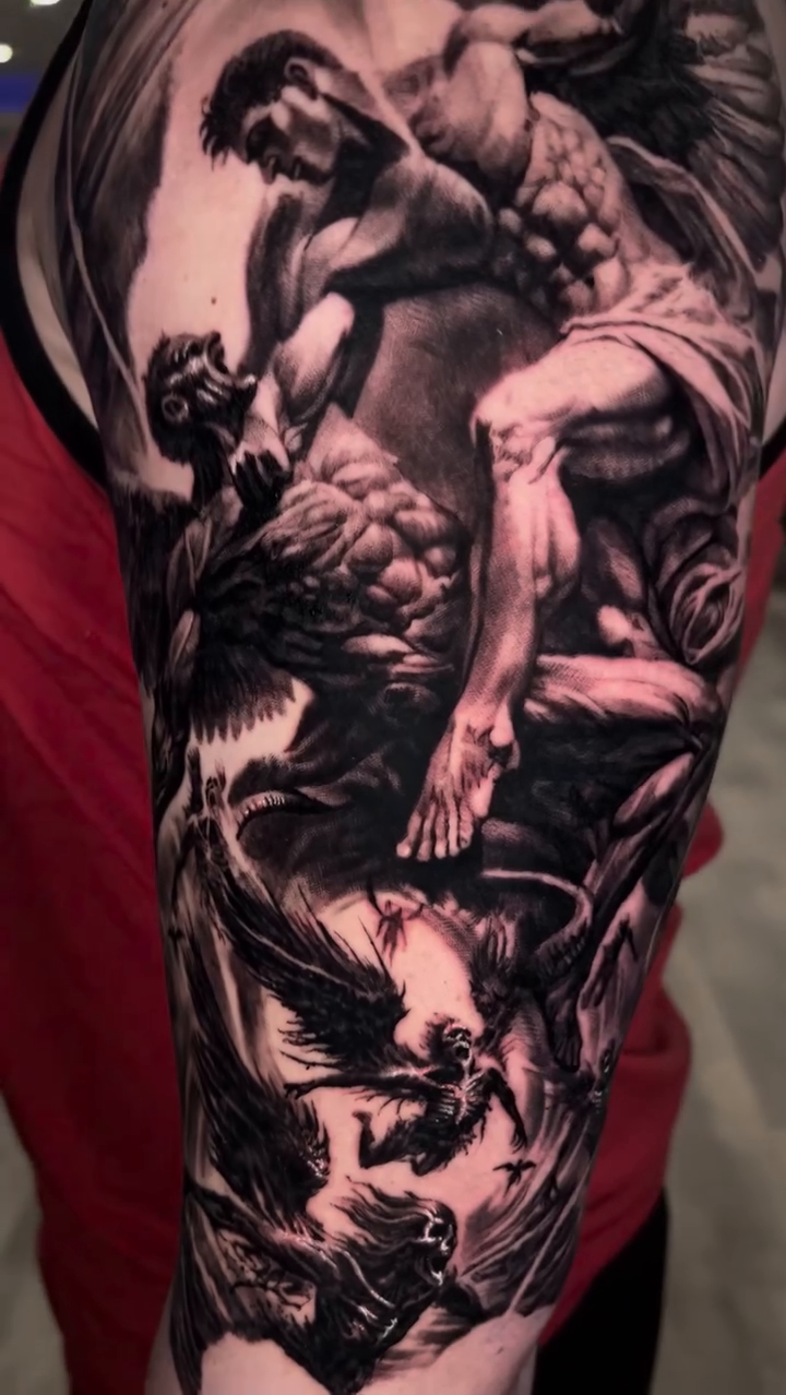 Angels and demons battle realism tattoo by Armando Galán 🇨🇱🇺🇸