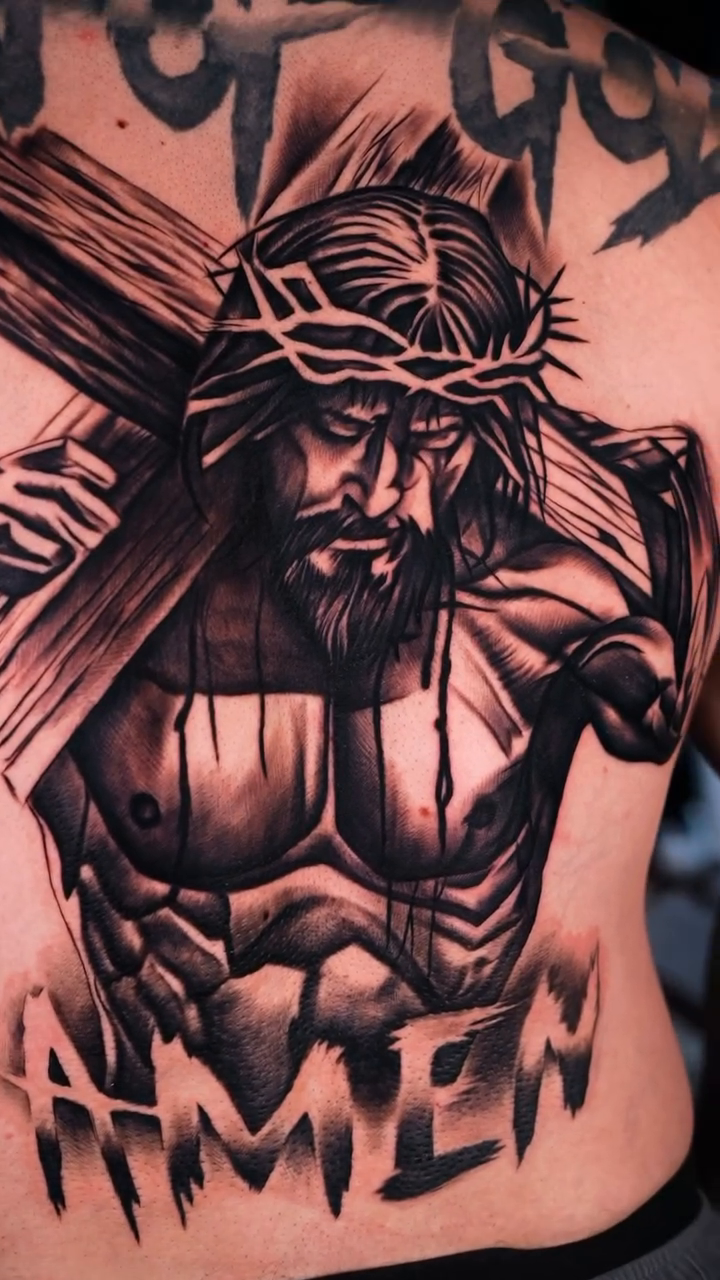 Jesus Christ carrying the cross realism tattoo by Brayan Batista - Tattoo Artist