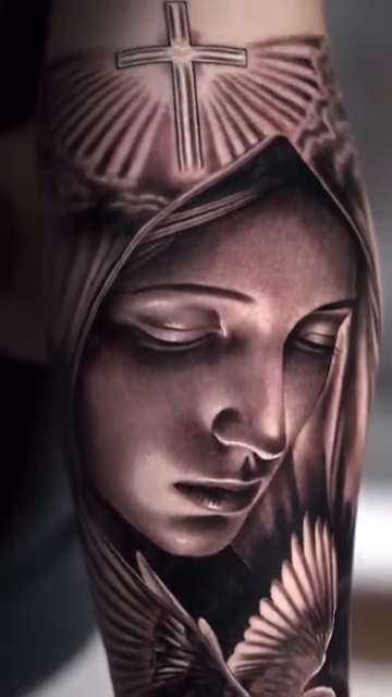 Virgin Mary with doves realism tattoo by Michael Sosa