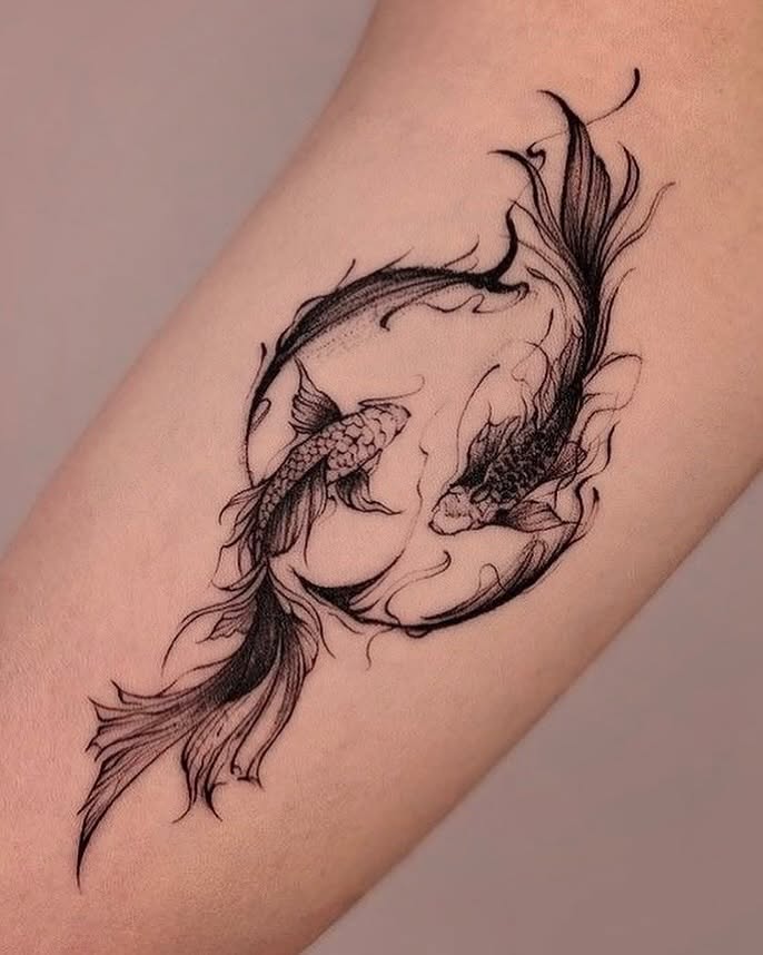 Koi fish black and grey tattoo on the forearm by Kris Tattoo Chicago