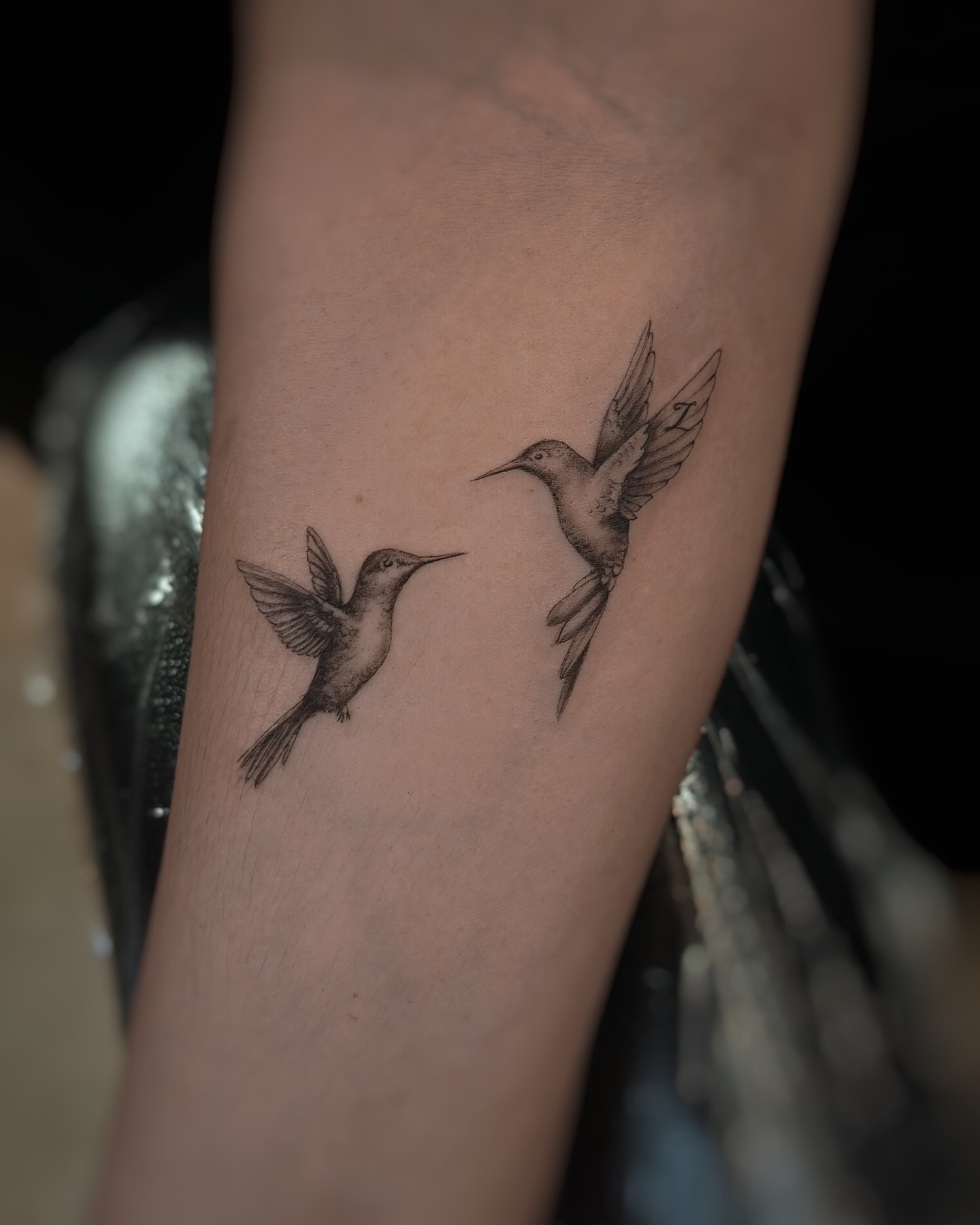 Hummingbirds black and grey tattoo on the forearm by Lily K.