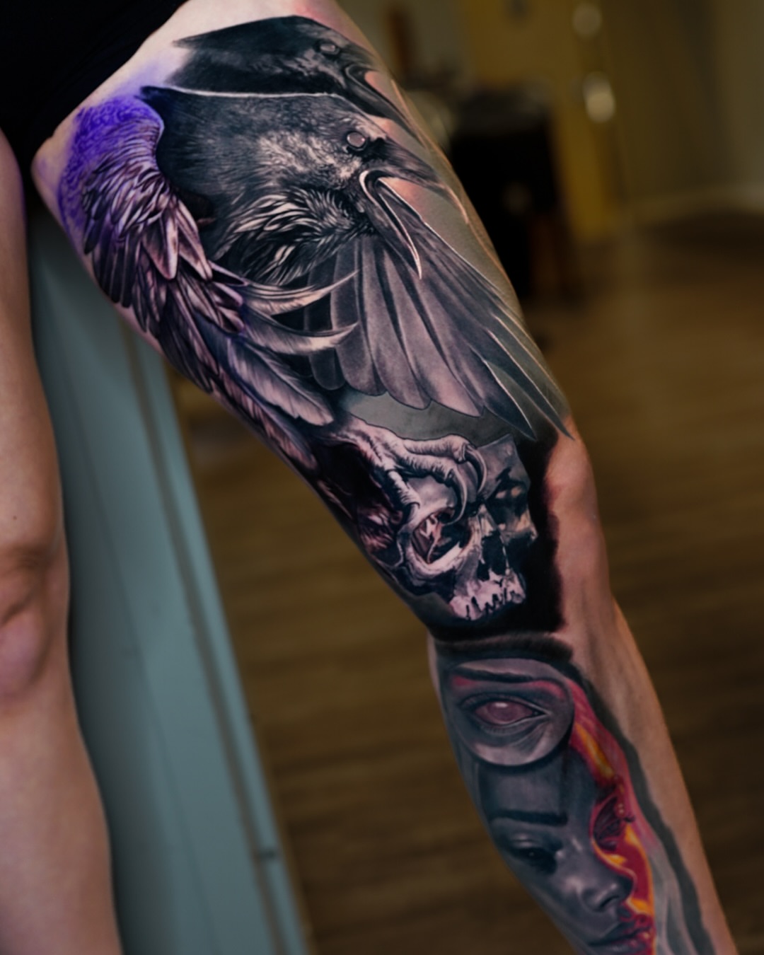 Crow and skull dark realism tattoo on the forearm by Kasey Gonzalez, Bel Air, Maryland