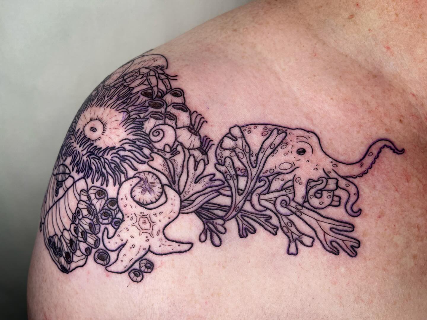 Octopus and coral black and grey tattoo on the shoulder by Peach ๐, Portland, Oregon