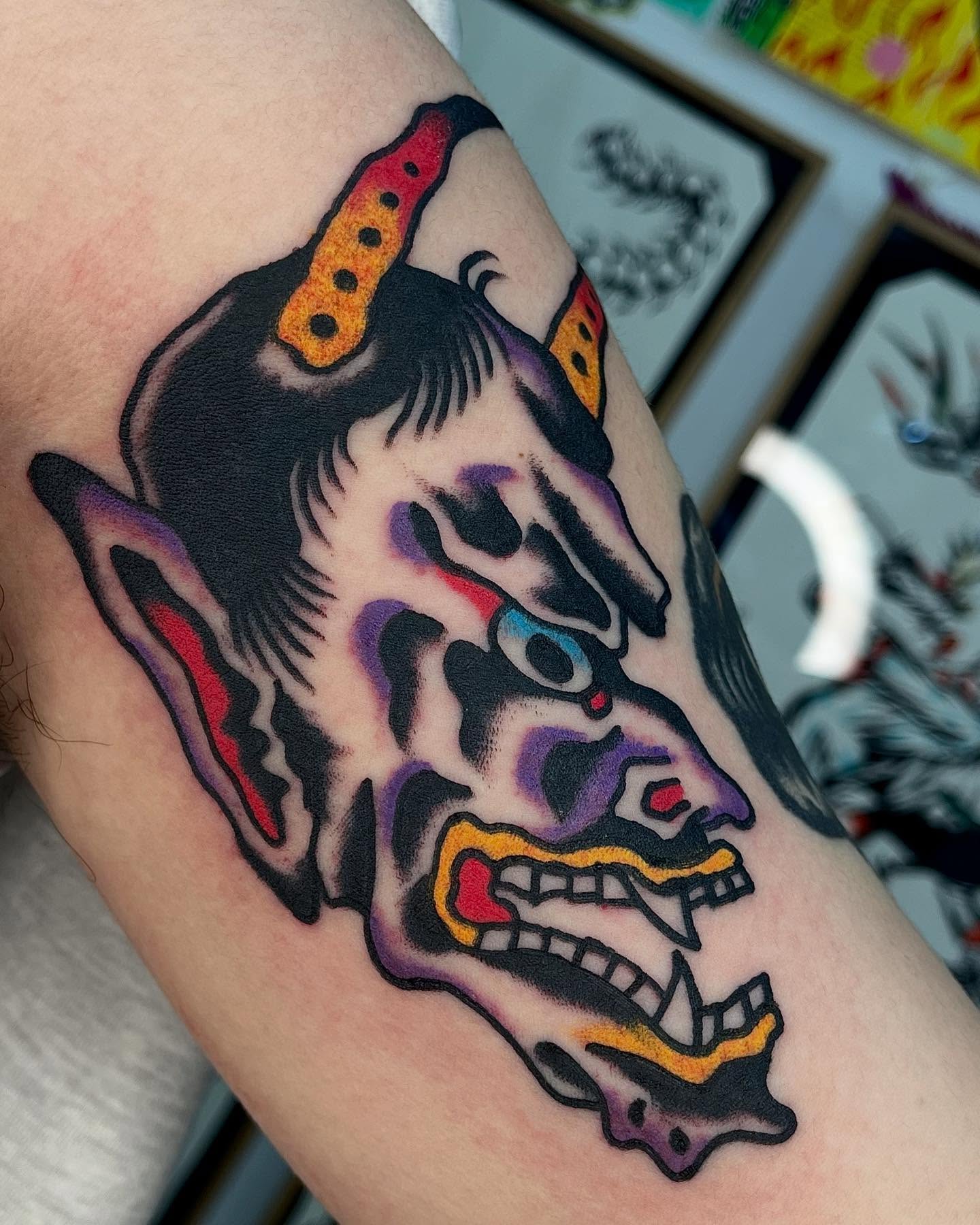 Japanese demon American traditional tattoo on the forearm by Jimmy Ho