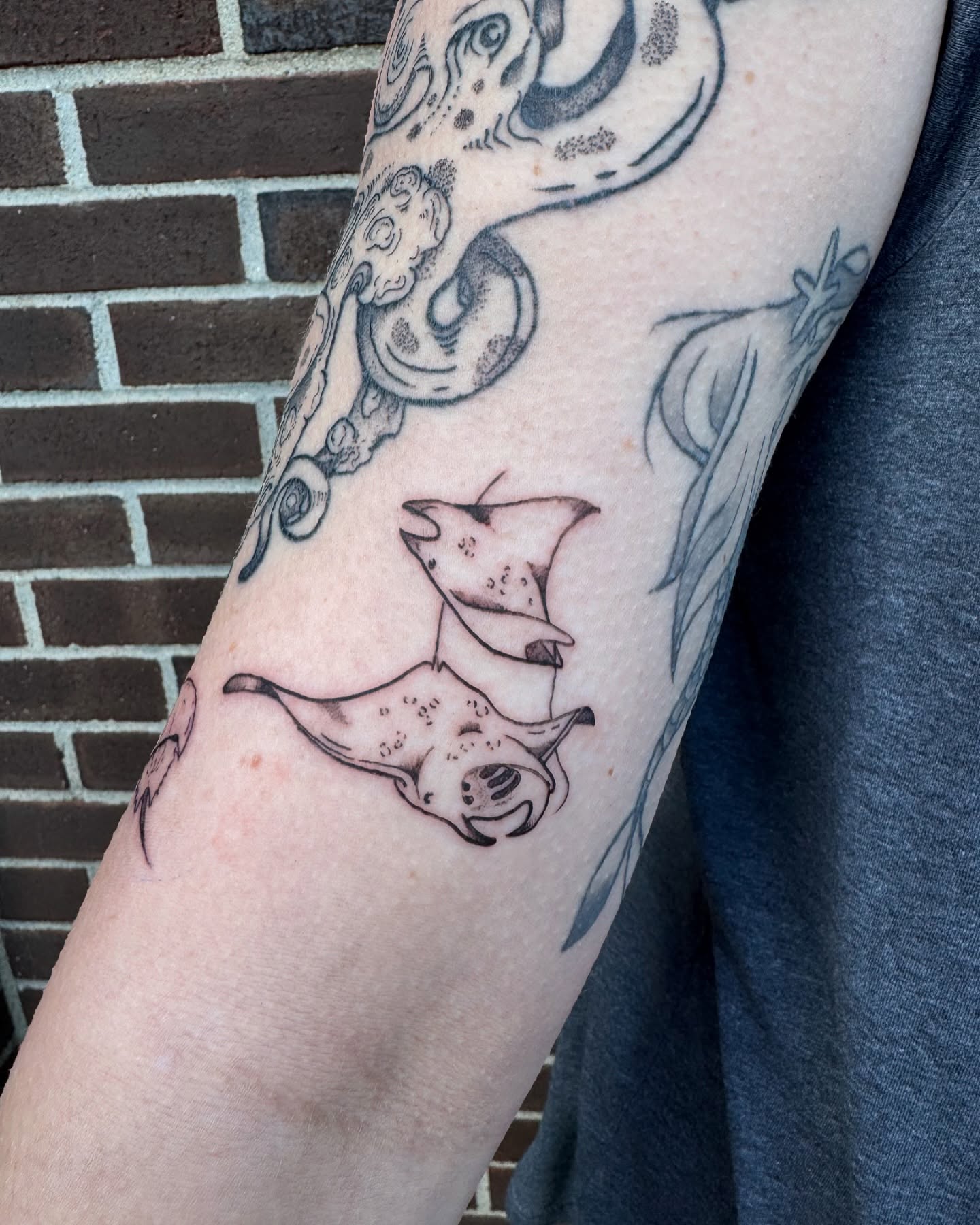 Dog and octopus black and grey tattoo on the forearm by Milo