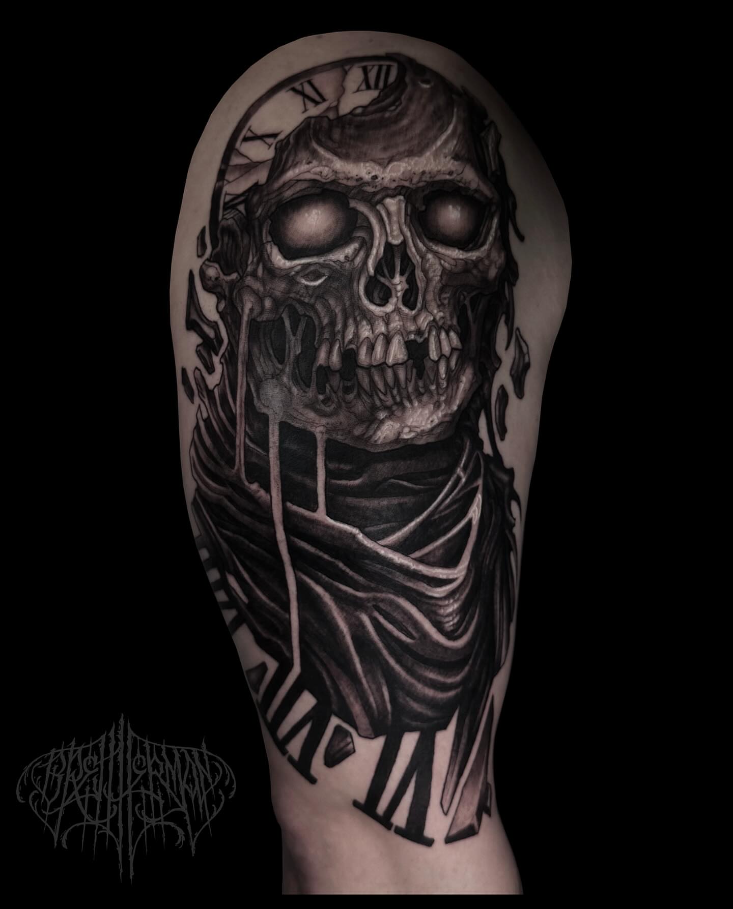 Skull realism tattoo on the forearm by Brett Herman, Denver, Colorado