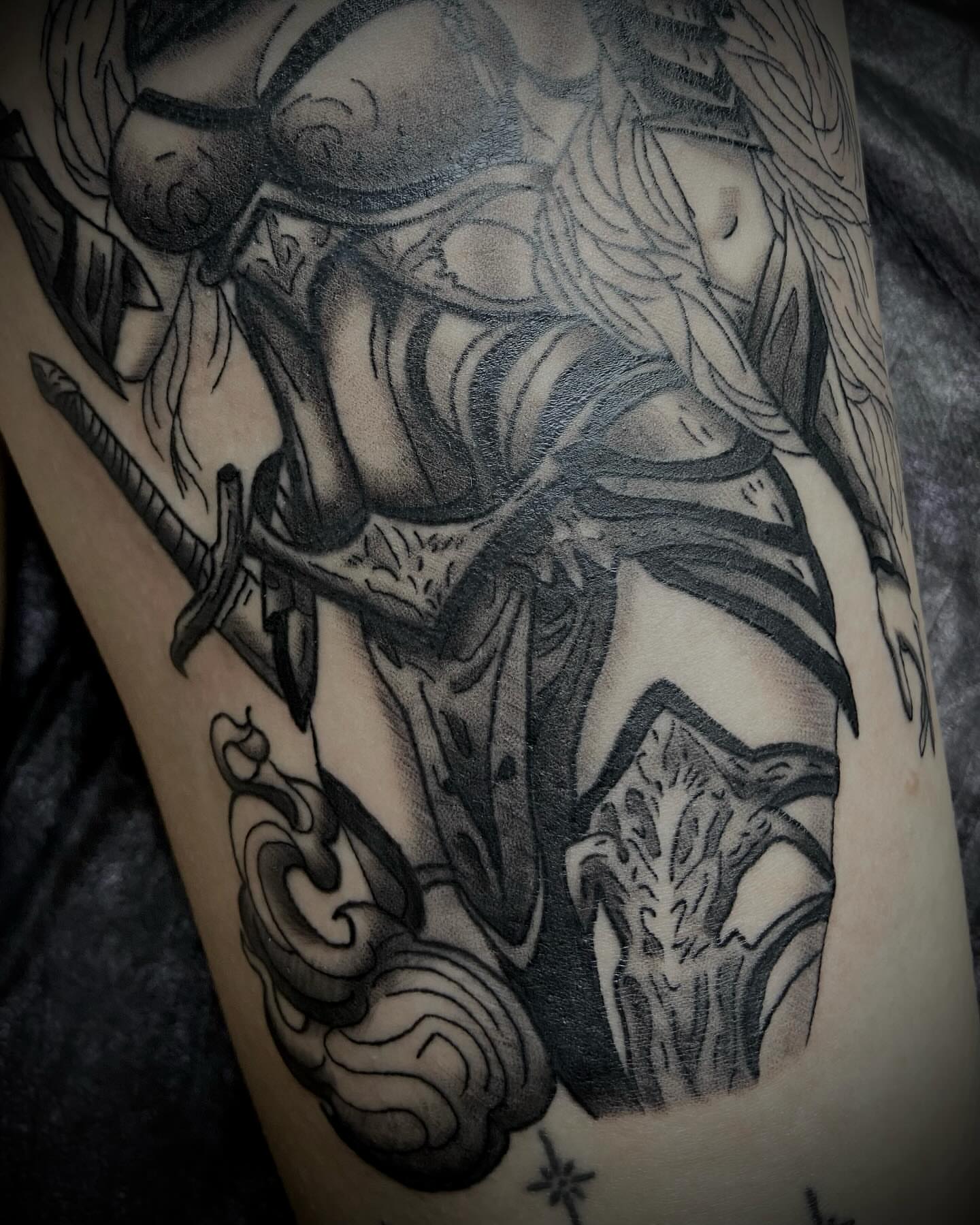 Warrior black and grey tattoo on the thigh by Shelbie, Salt Lake City, Utah