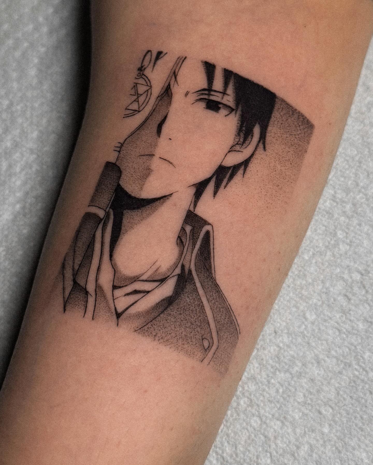 Anime character dotwork tattoo on the forearm by Yakir, Houston, Texas
