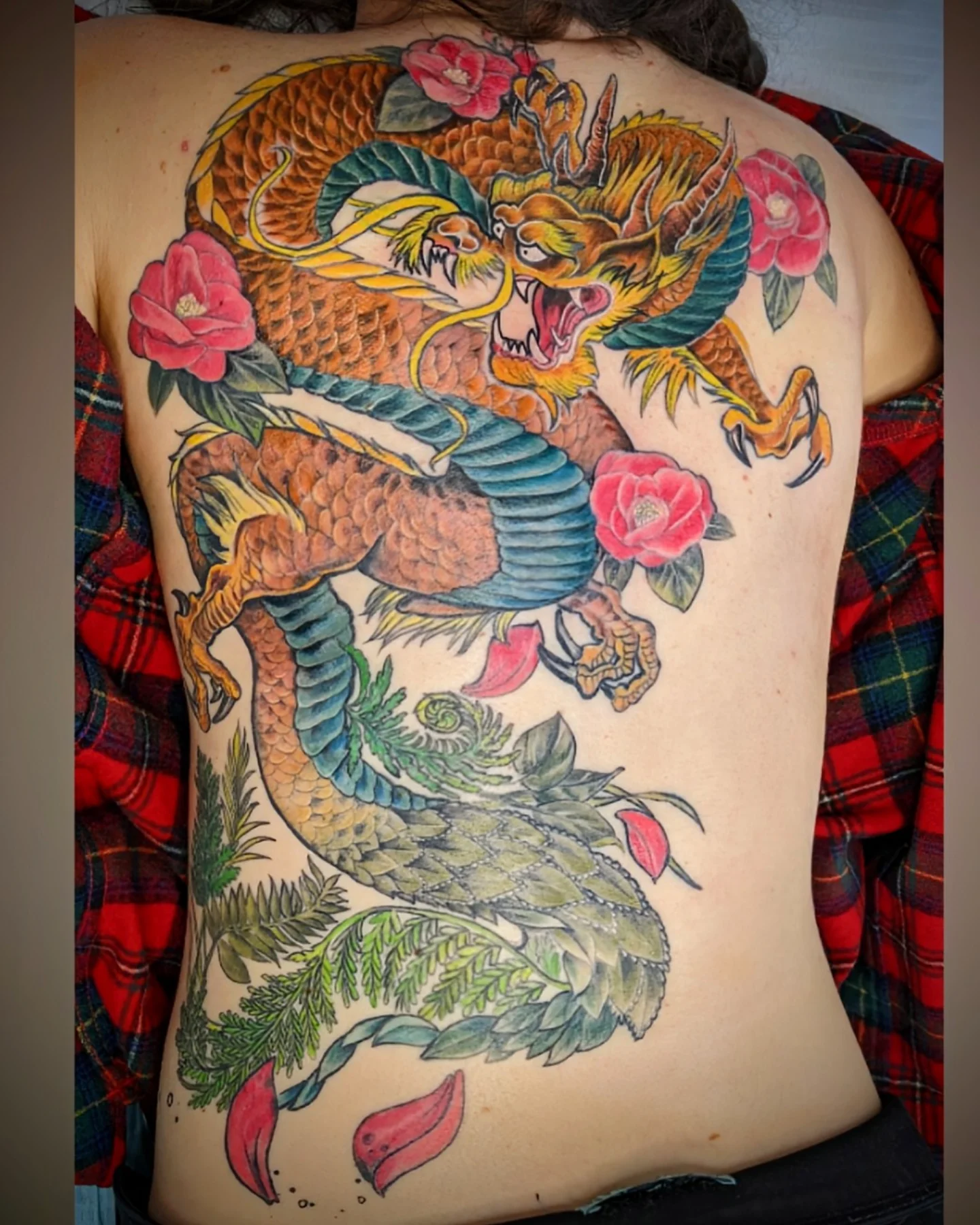Dragon and flowers japanese irezumi tattoo on the back by Ashton Allen-Ruiz, Portland, Oregon