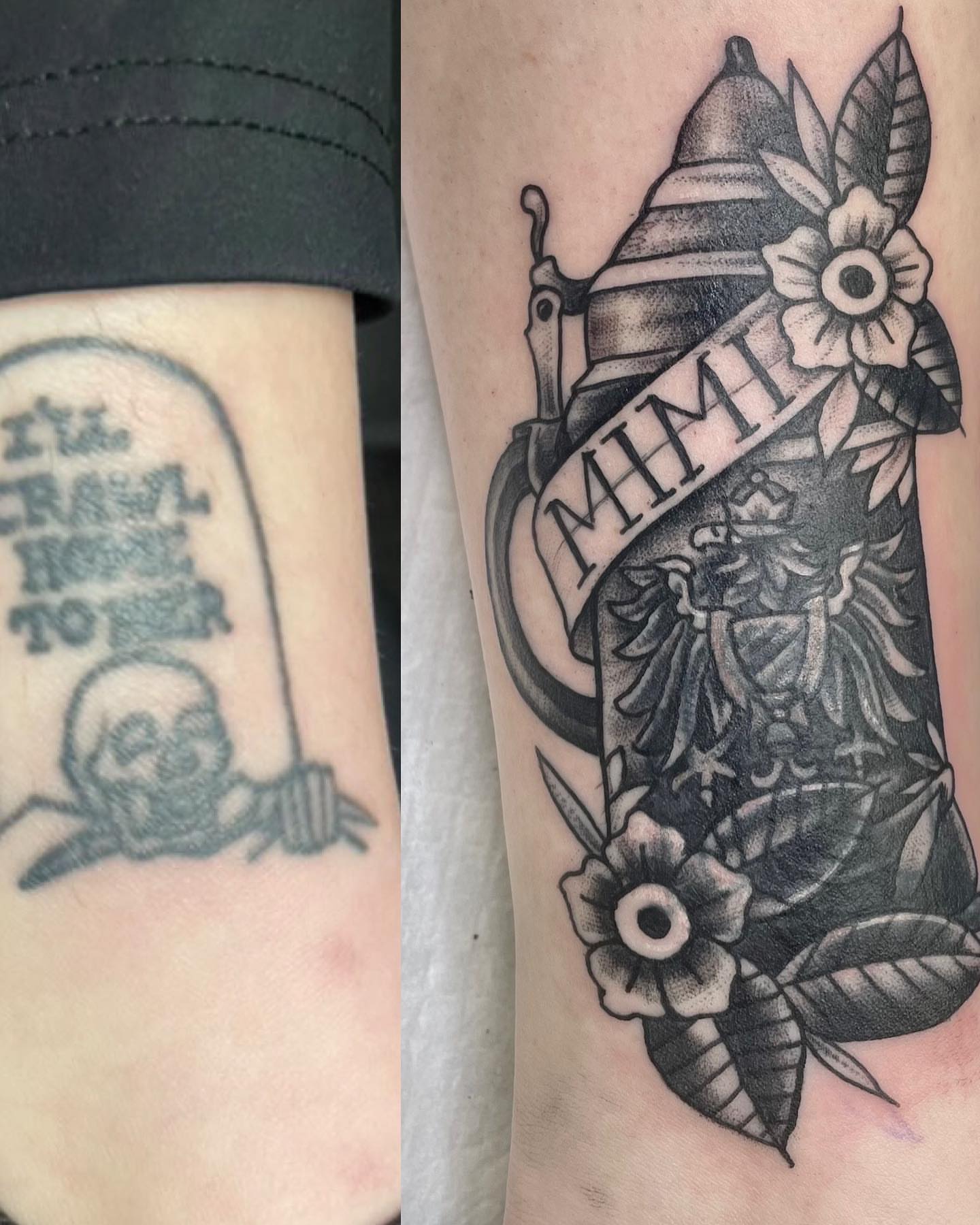 Bell and eagle American traditional tattoo on the forearm by Antoinette