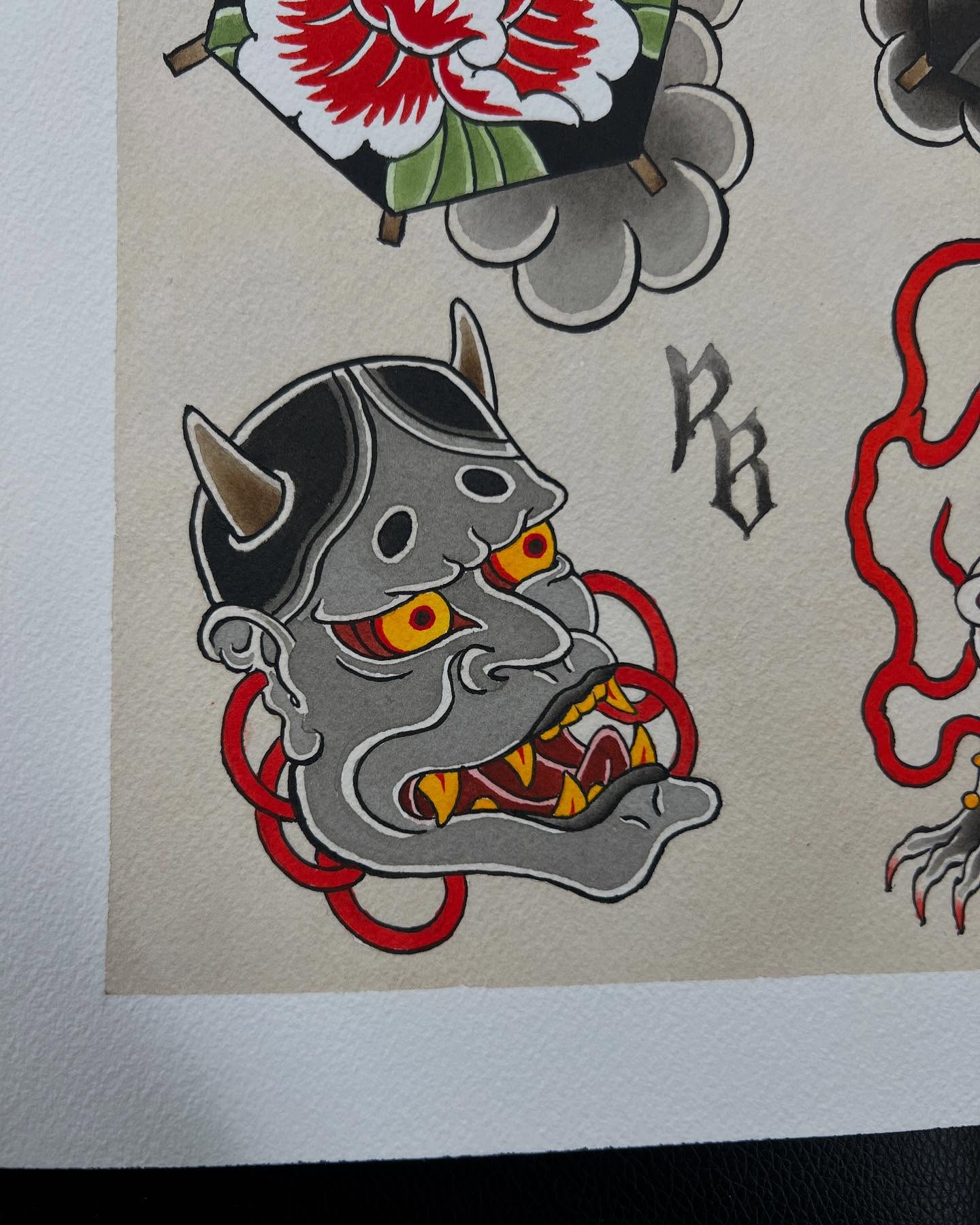 Demon mask American traditional tattoo by Rocky Burley, Georgetown, Texas