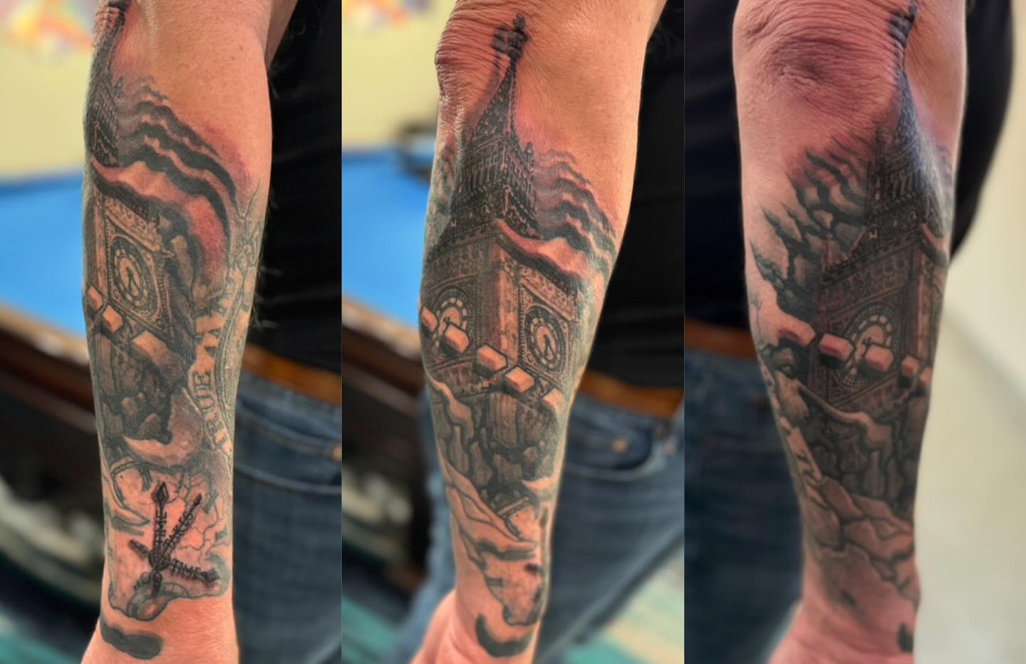 Lighthouse and waves black and grey tattoo on the forearm by marcus labonne
