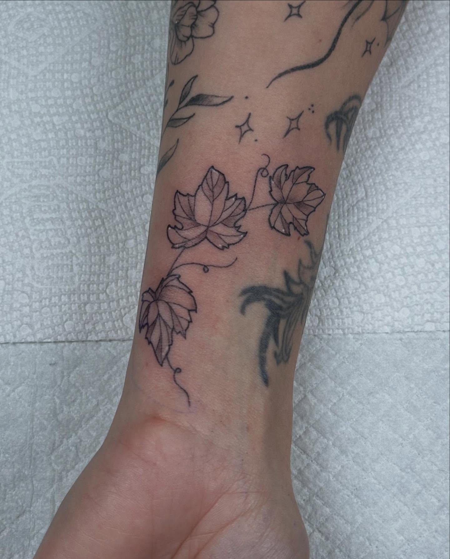 Maple leaves black and grey tattoo on the forearm by ✨ Jess ✨, Moncks Corner, South Carolina