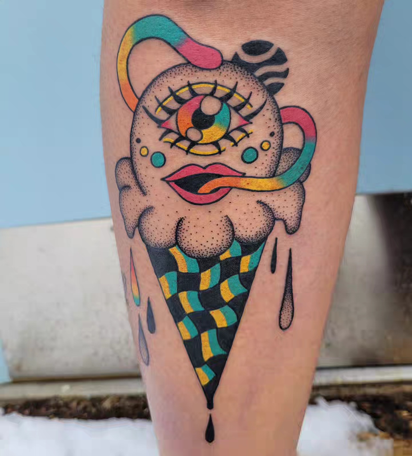 Ice cream cone dotwork tattoo on the leg by Cat Wong意藝