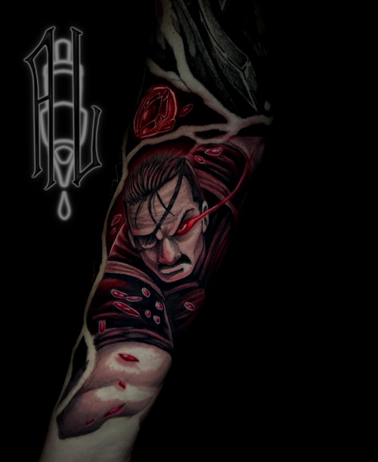 Man with red eyes dark realism tattoo on the forearm by Andrew Luce