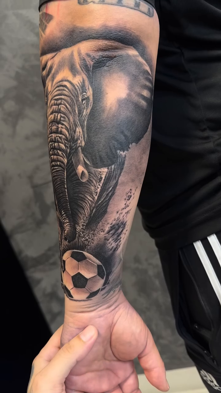 Elephants and a soccer ball realism tattoo by Tattoos By Kique