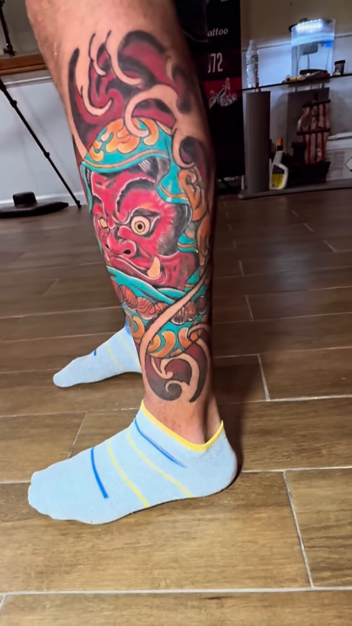 Oni mask and waves japanese irezumi tattoo by Erasmo Vasquez