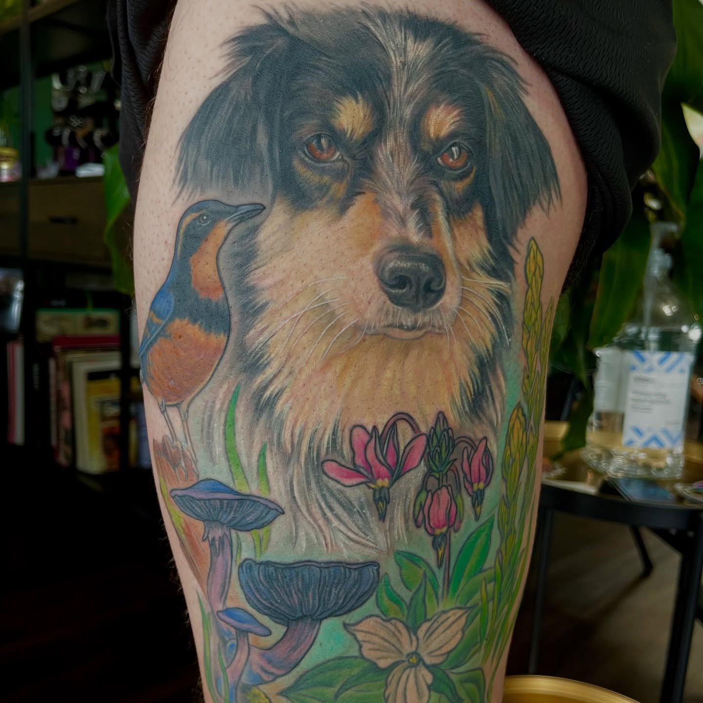 Dog with bird and flowers realism tattoo on the forearm by Chelsea Youngblood, Seattle, Washington