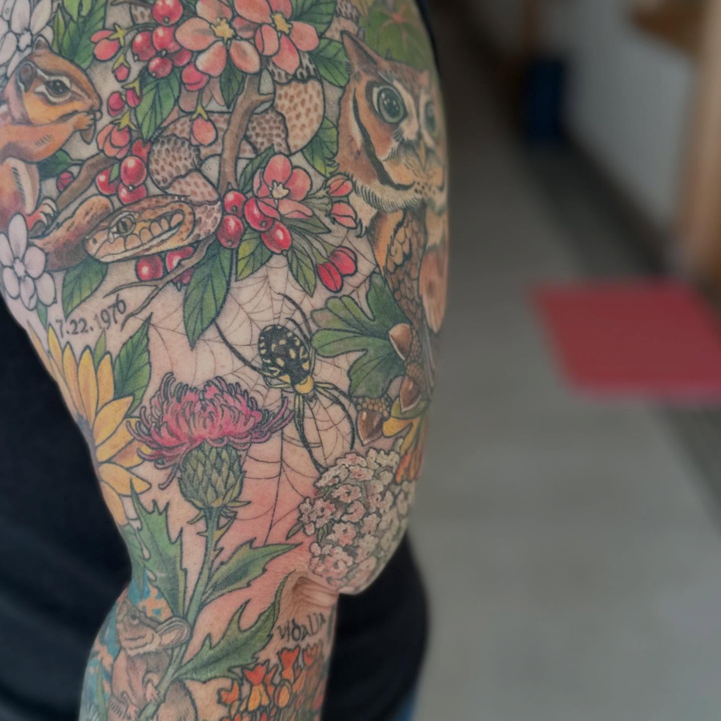 Forest scene American traditional tattoo on the forearm by Abigail Townsend