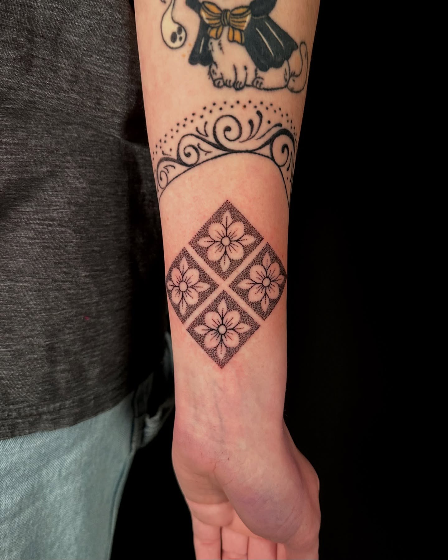 Geometric pattern dotwork tattoo on the forearm by Chelsey