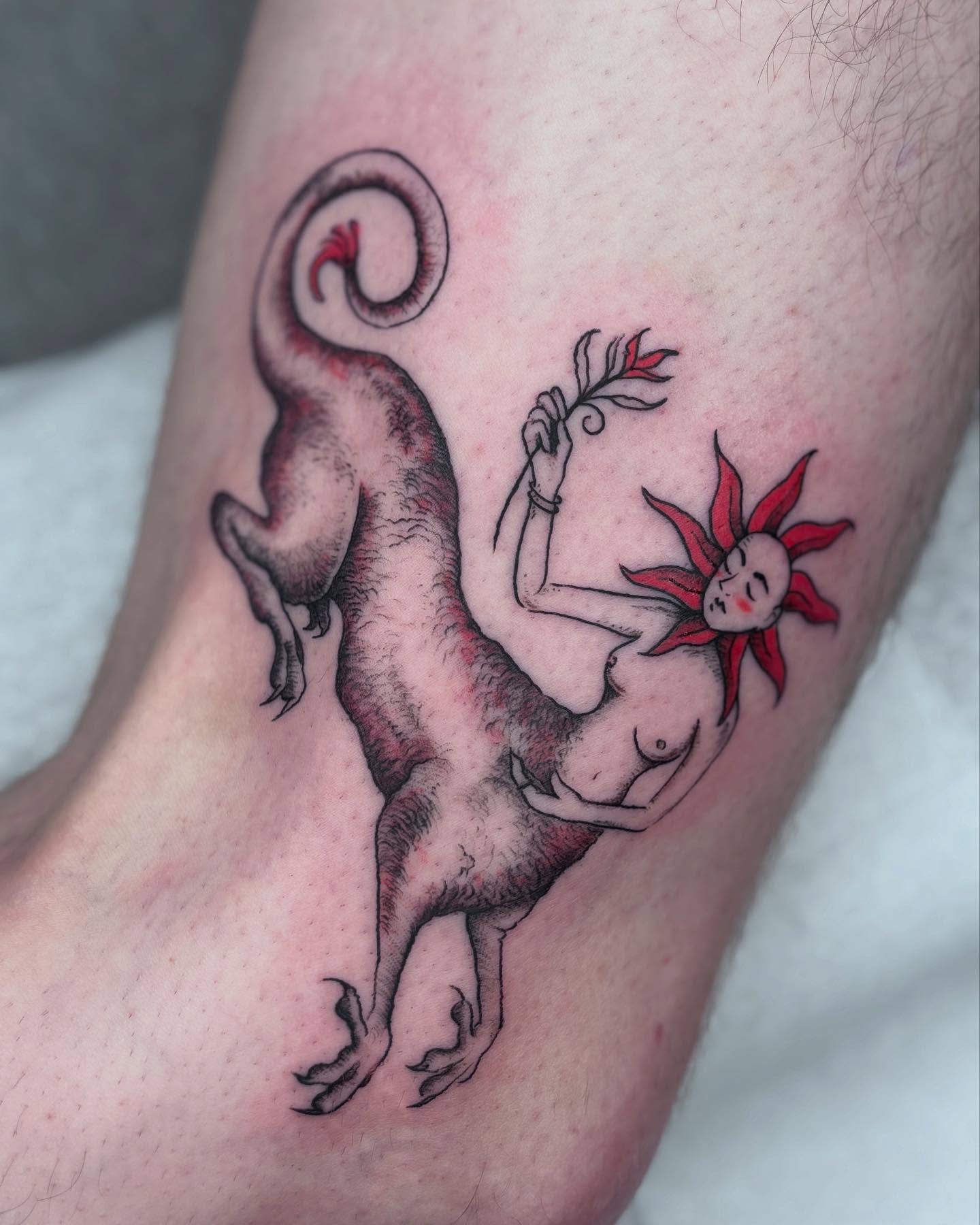 Chameleon and woman realism tattoo on the thigh by π»πΈπ½π½, Ypsilanti, Michigan