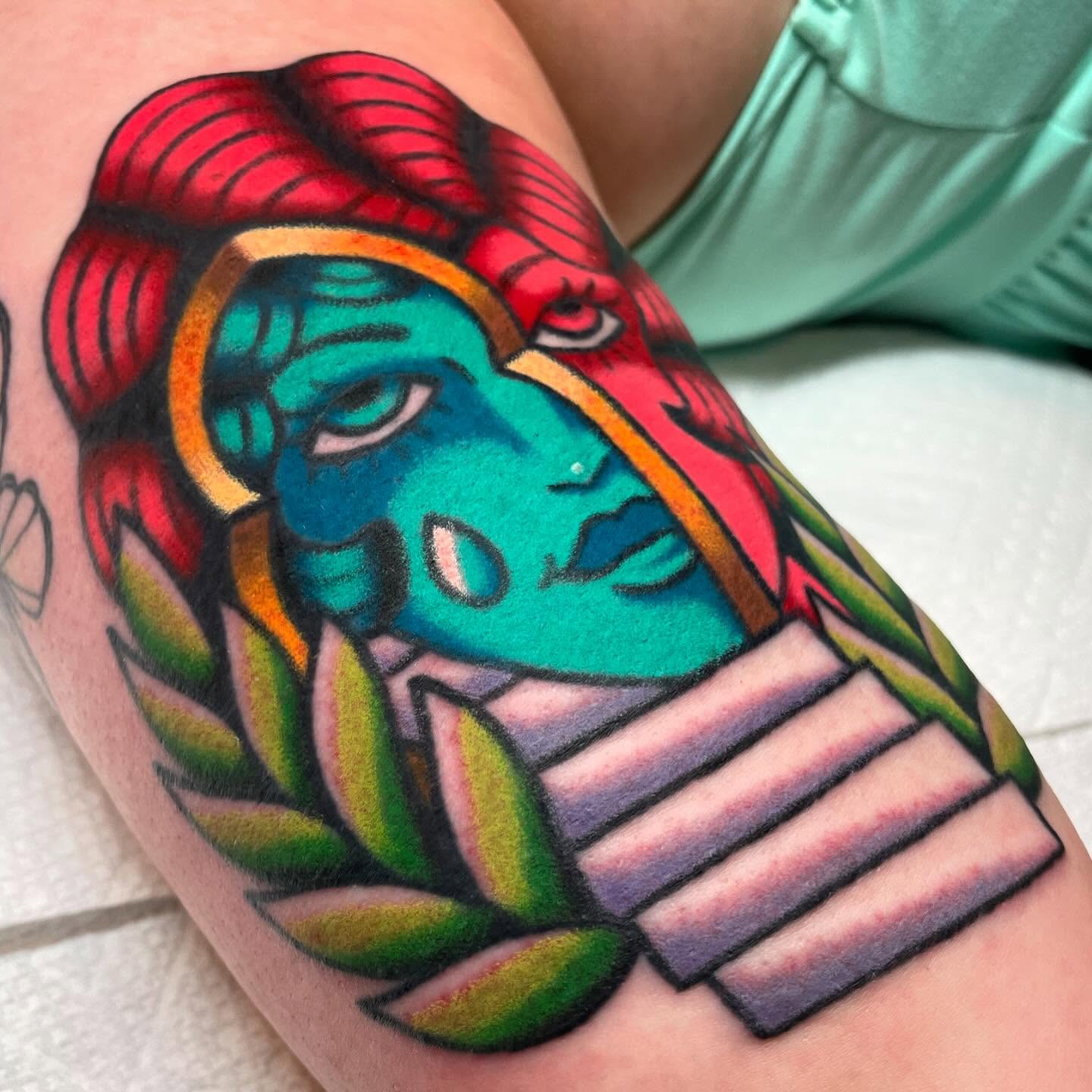 Pharaoh American traditional tattoo on the thigh by Nova Vaughn