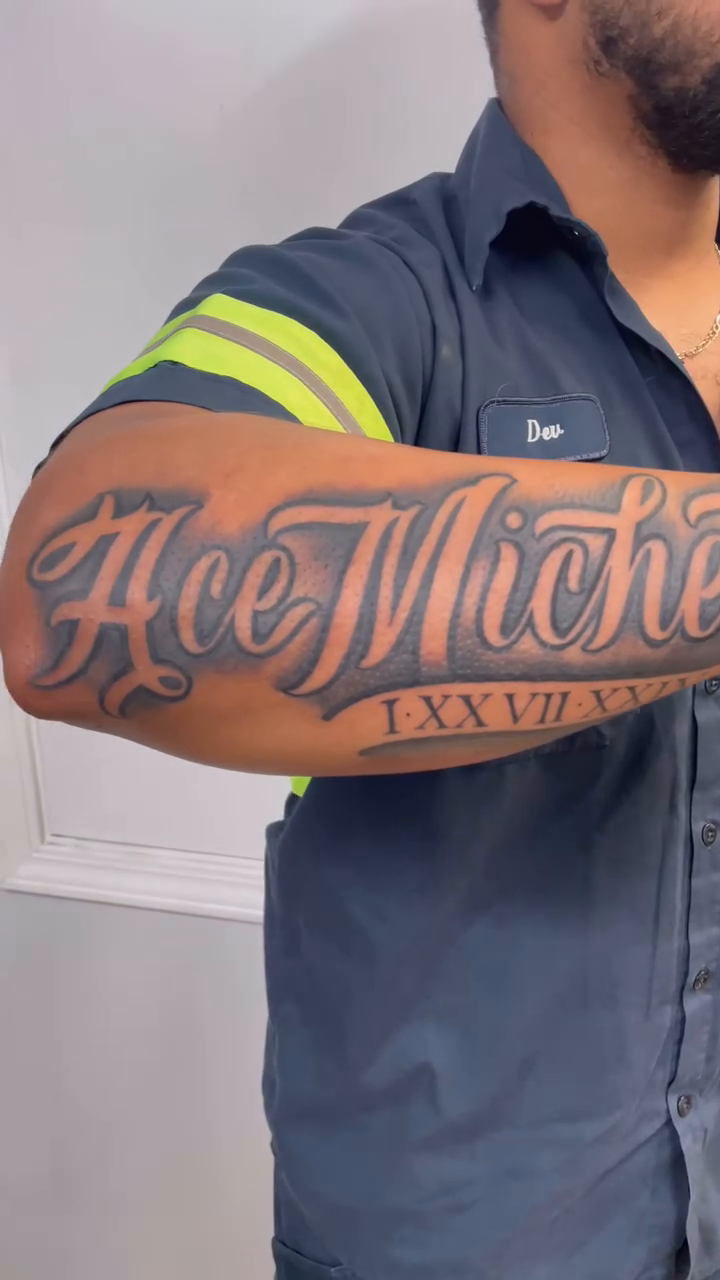 Ace Micheal lettering script tattoo by Blake