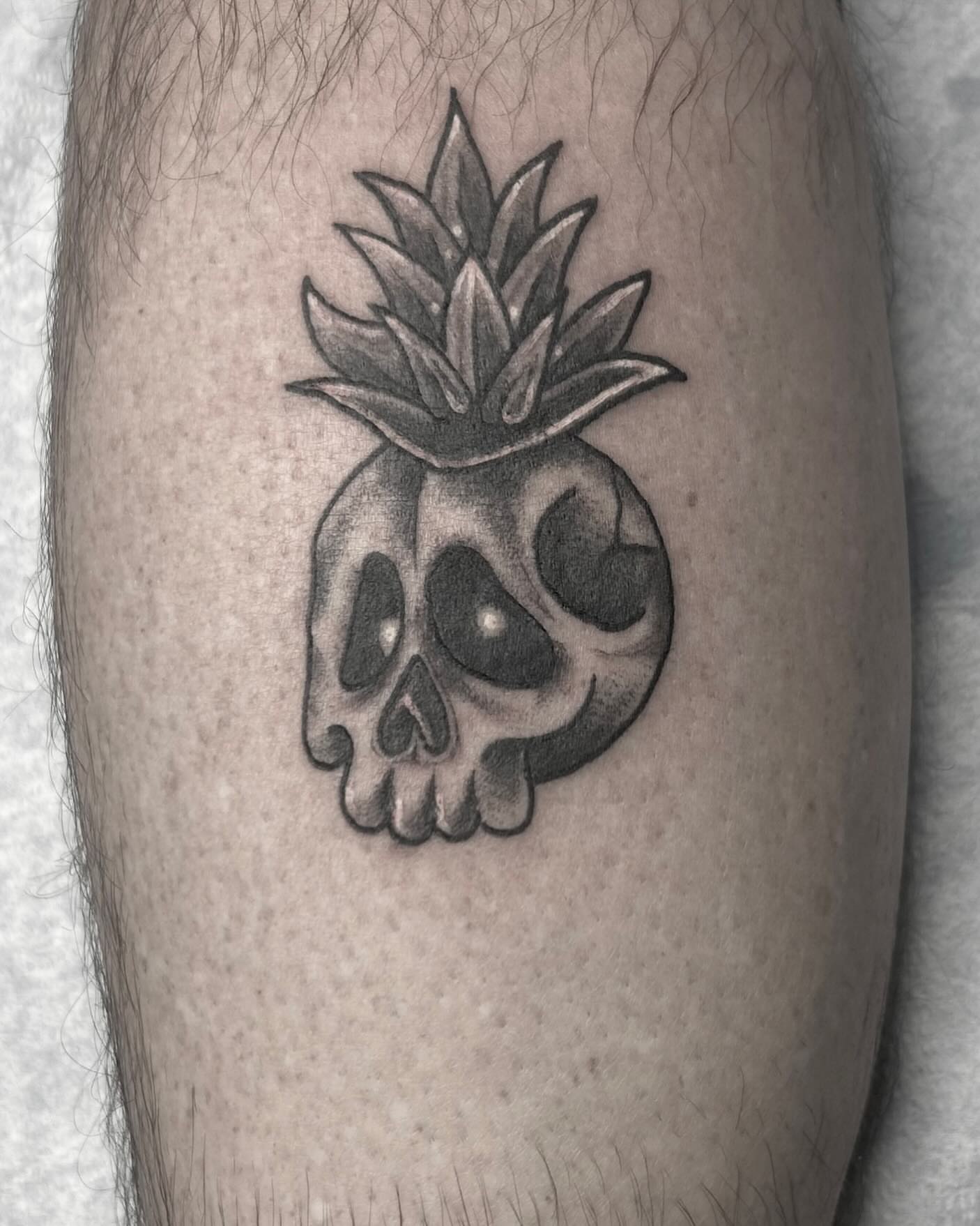 Pineapple skull black and grey tattoo on the forearm by ⚡️Shaw⚡️