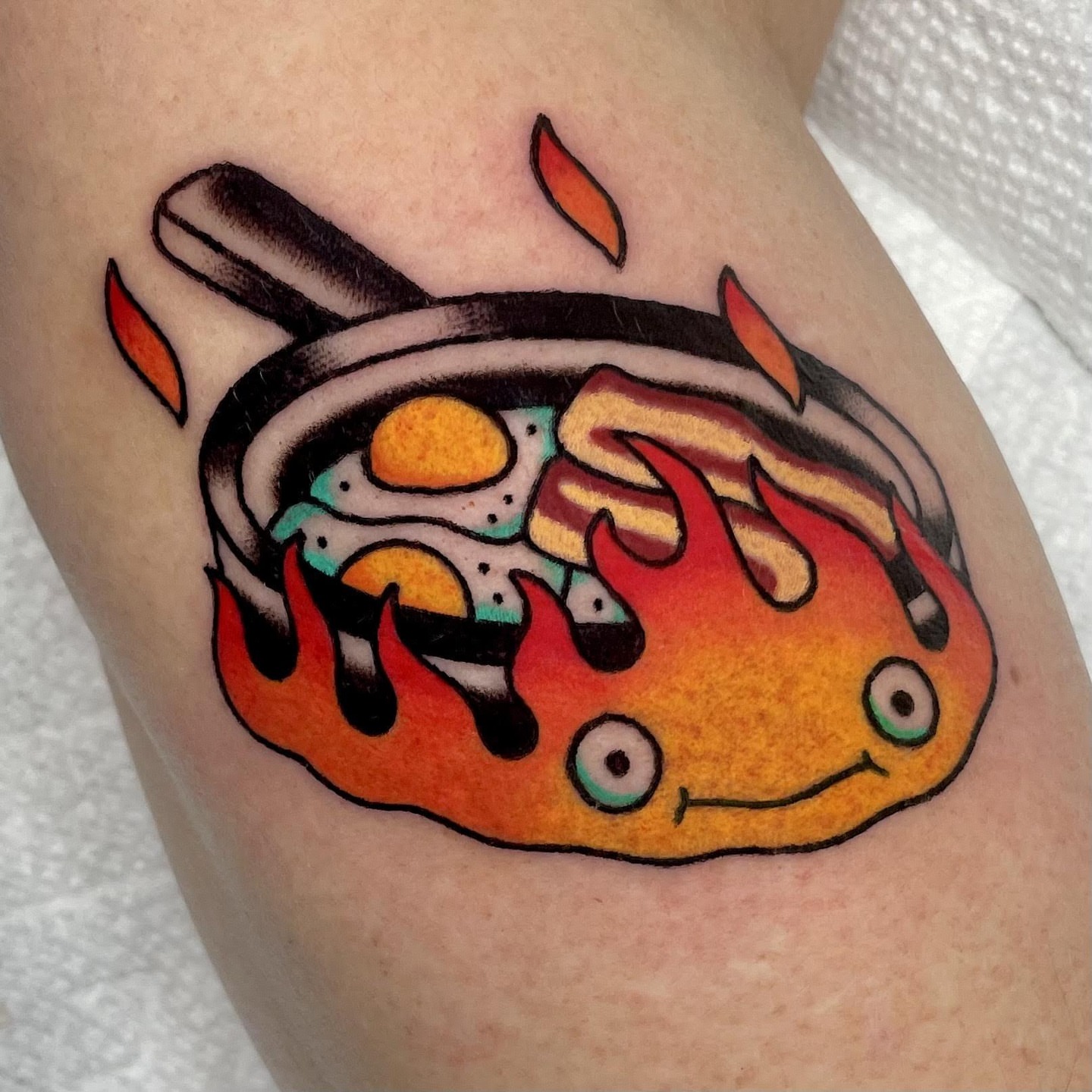 Pan of breakfast American traditional tattoo on the forearm by Nova Vaughn