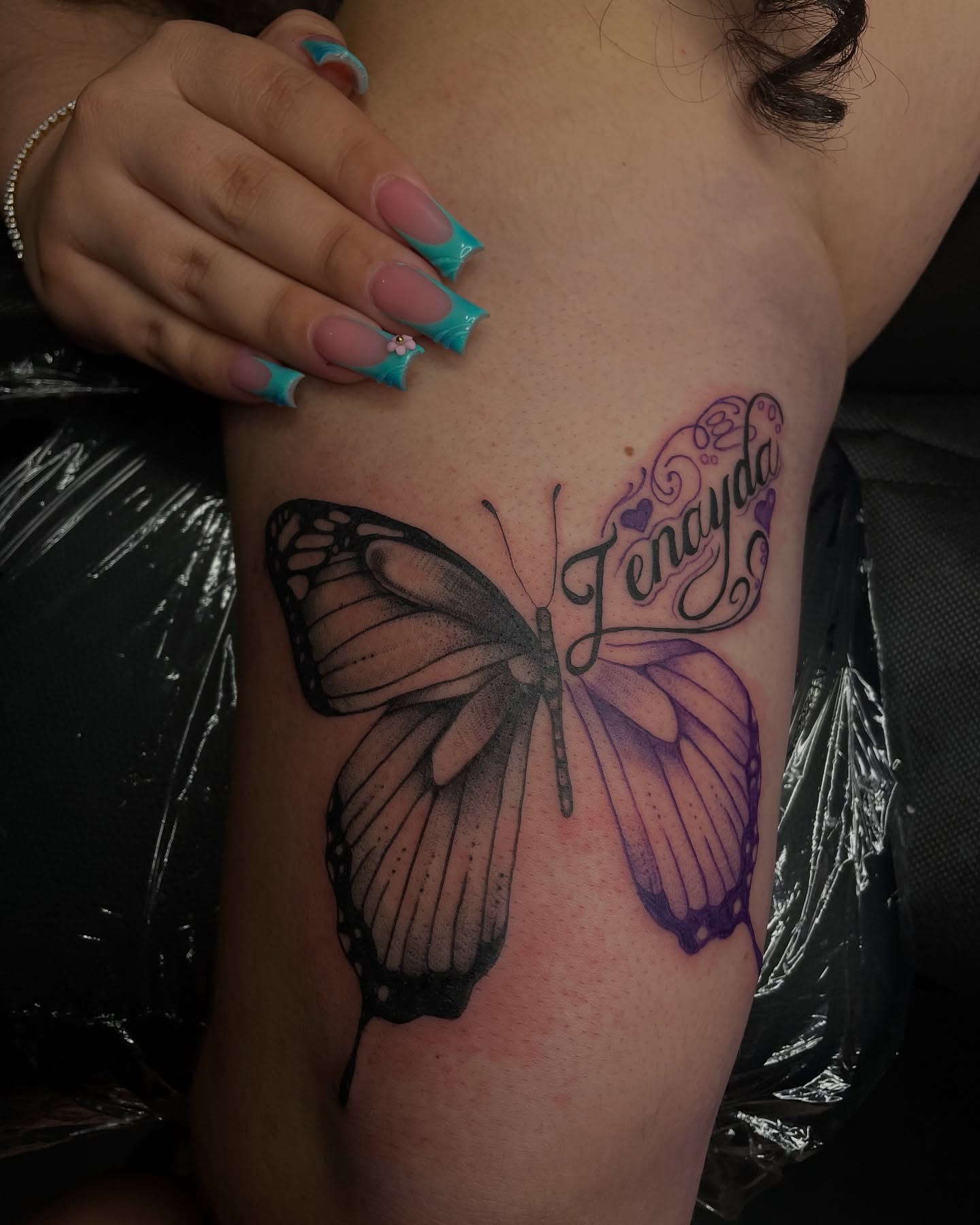 Butterfly black and grey tattoo on the upper arm by ⊹ * . 𝕵az ⊹ * .