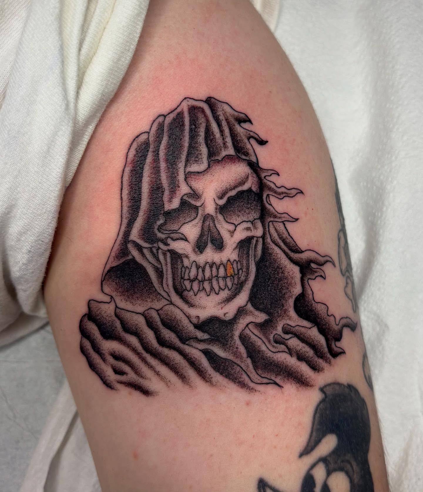 Grim reaper black and grey tattoo on the forearm by ⟡ Sam O ⟡