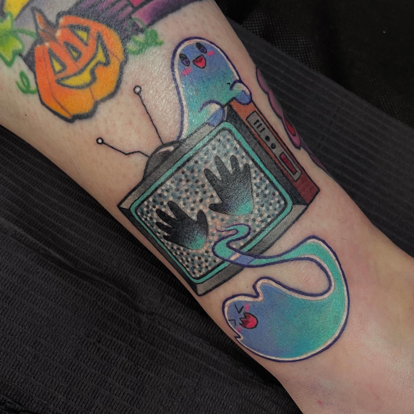 Ghostly hands on TV dotwork tattoo on the forearm by ππΈππππ π΅ππππππ