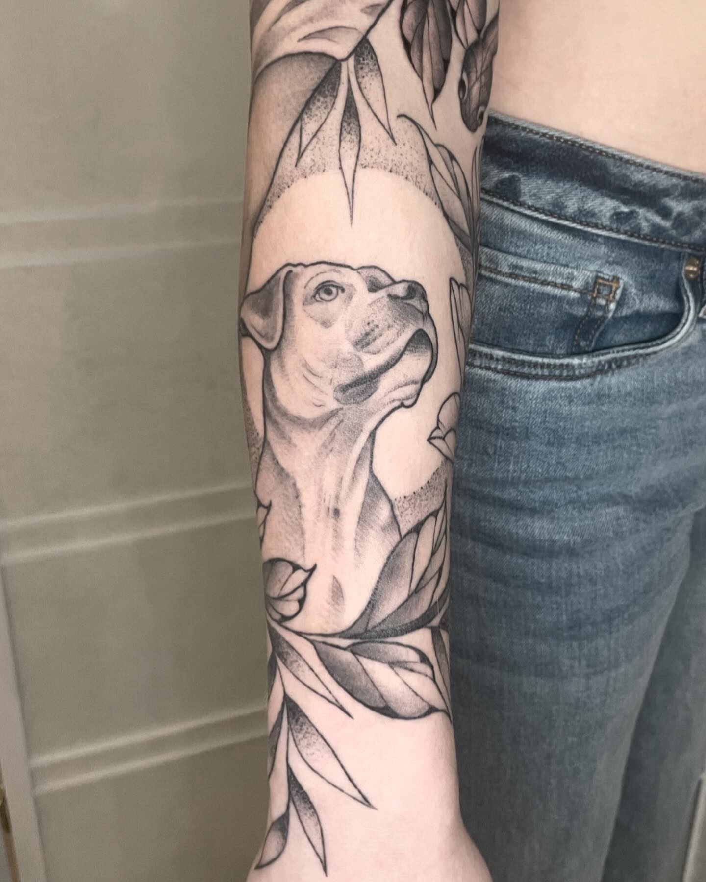Dog dotwork tattoo on the forearm by Amanda Marie, Edmonds, Washington