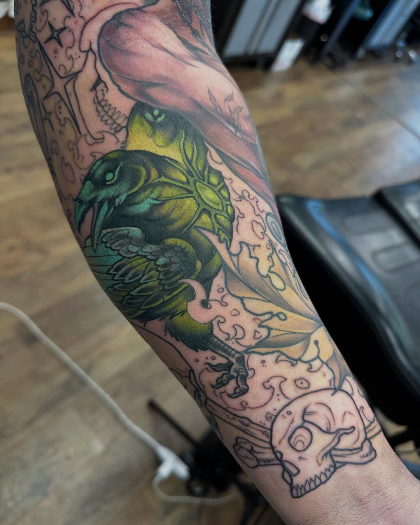 Raven and skull neo-traditional tattoo on the forearm by ✥ Daemon Downing ✥ Kansas Tattoo Artist ✥, Wichita, Kansas