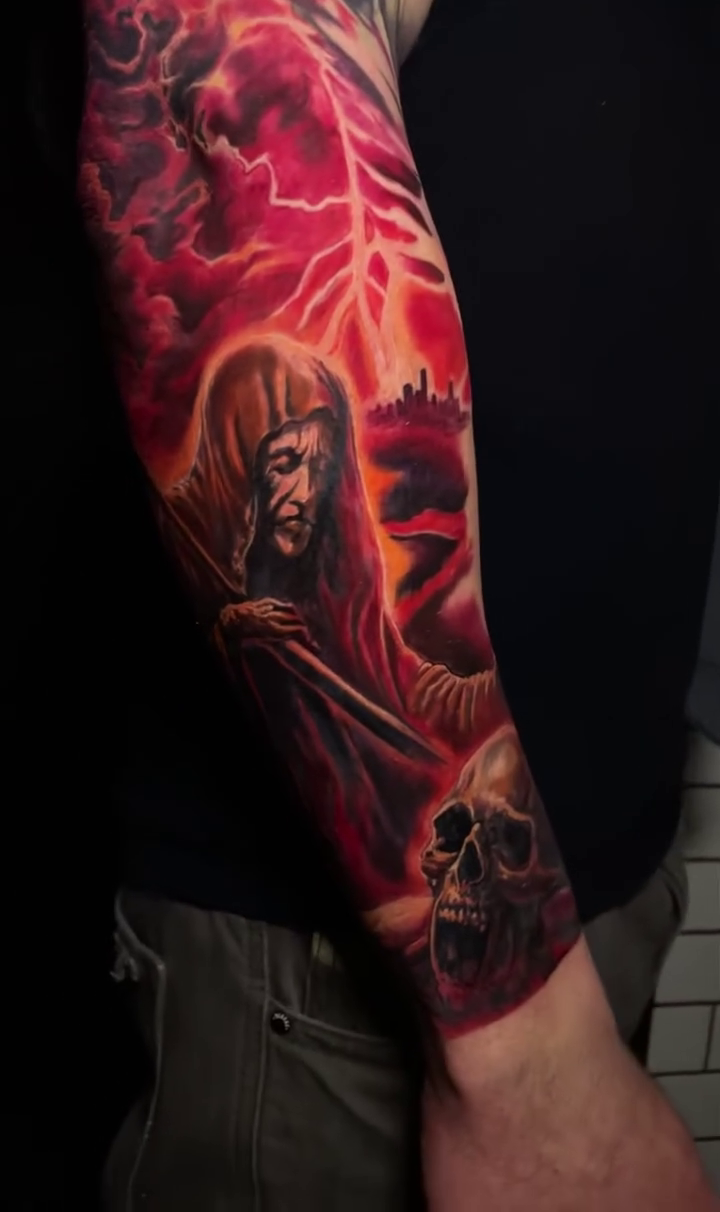 Tattoo by @nikkiharristattoo — dark_realism, trash_polka