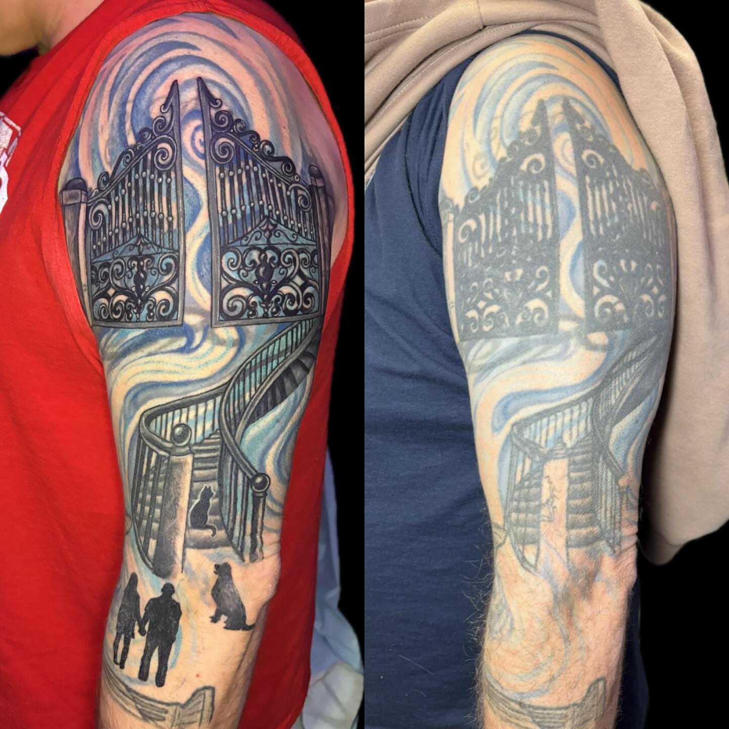 Gate and staircase black and grey tattoo on the upper arm by 🖤Sabrina Ryan🖤